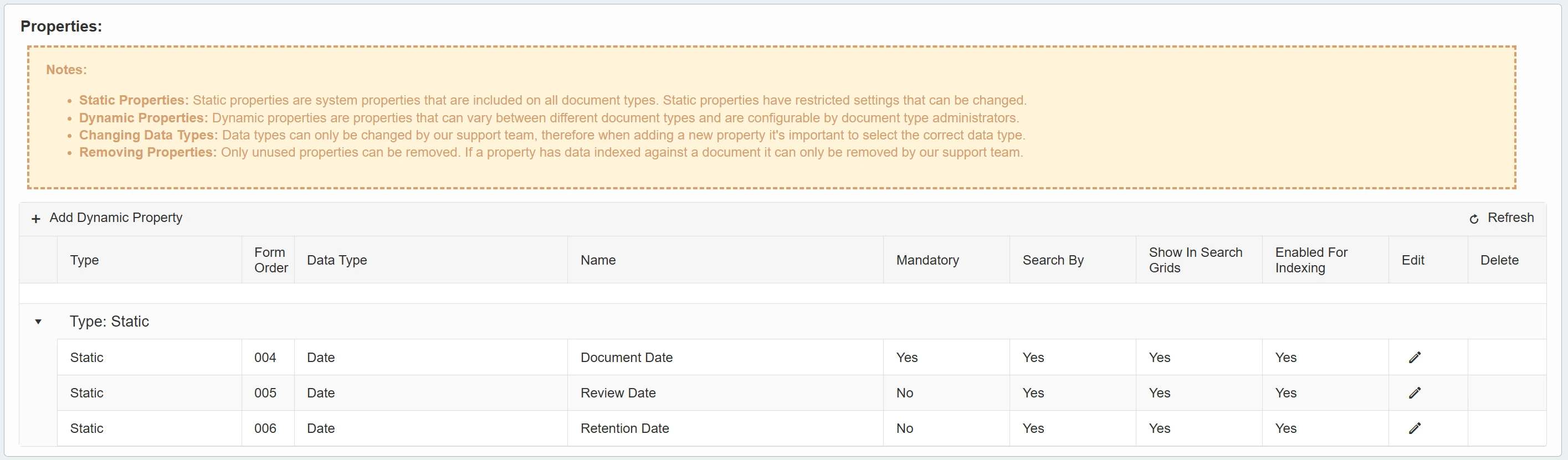 The Properties section allows you to set and edit properties agianst the document type.