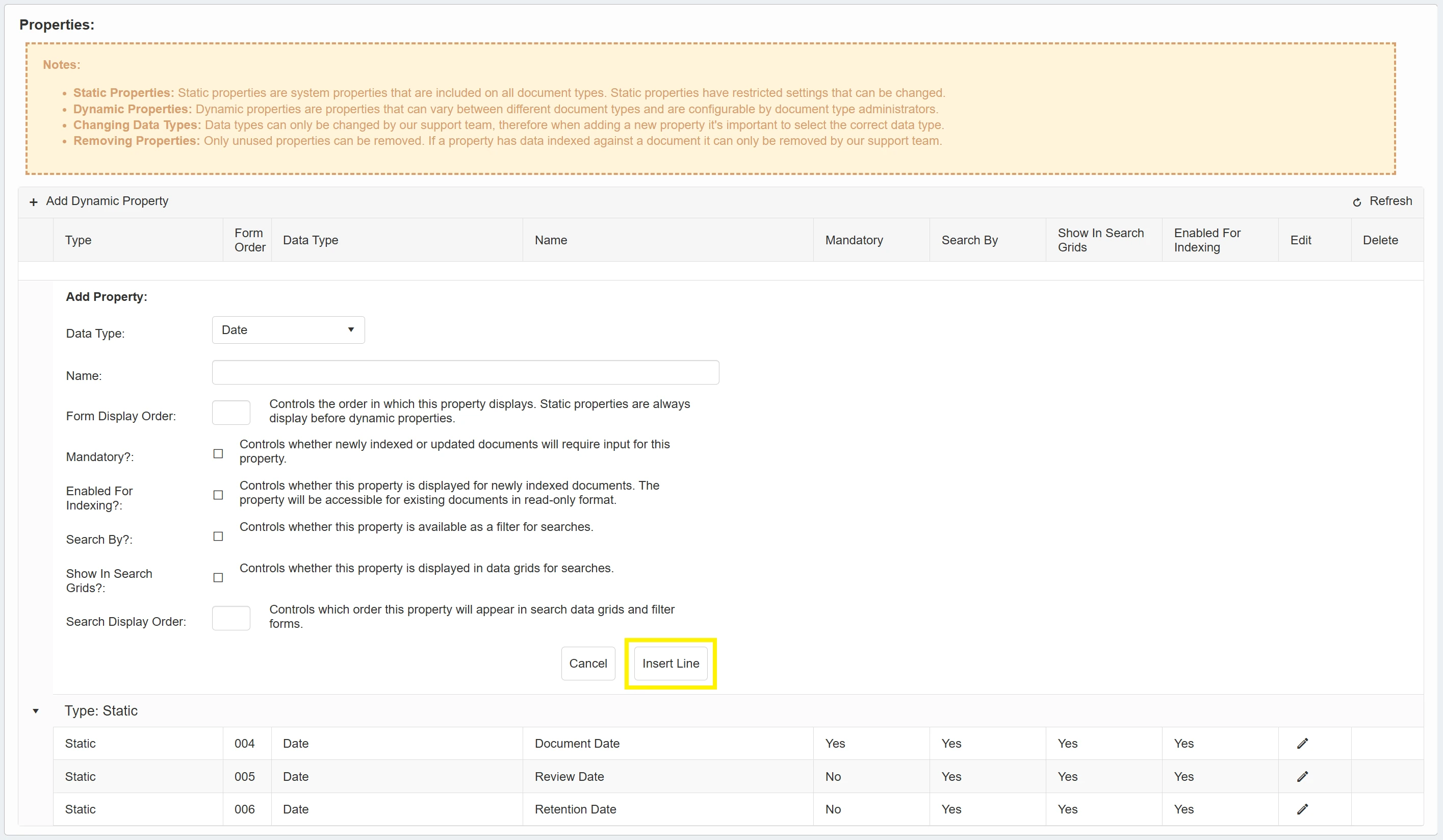 Clicking the Insert Line button commits the new property to the system.
