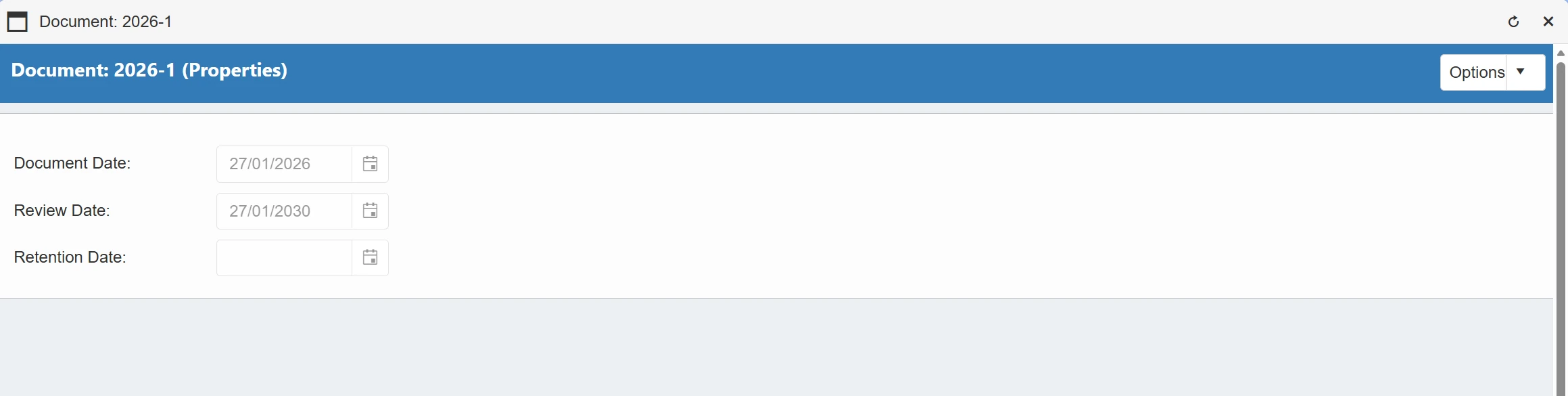 This window displays the relevant properties for this document..