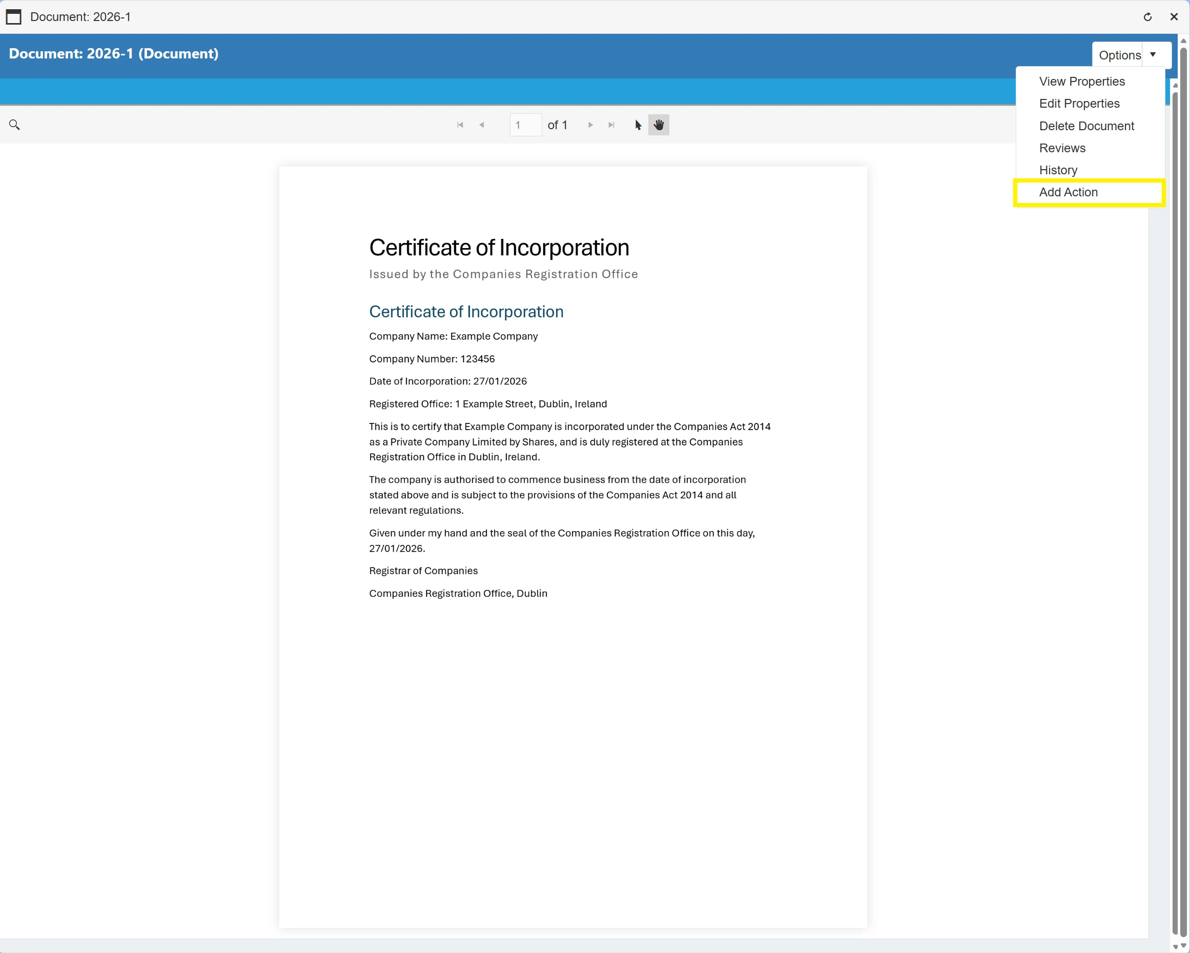 Add an action against this specific document.