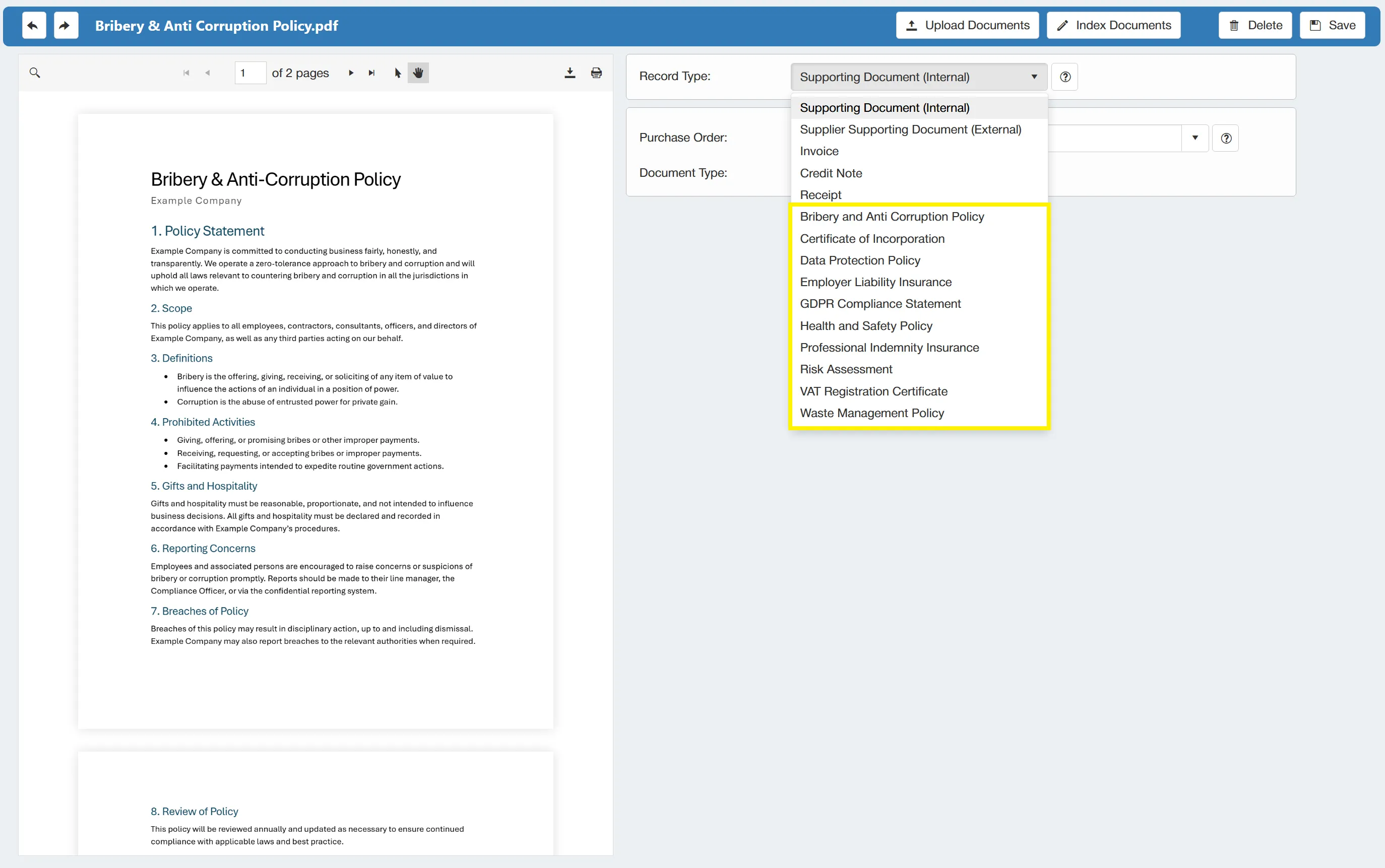 When indexing a supplier document, you must select the corresponding record type.