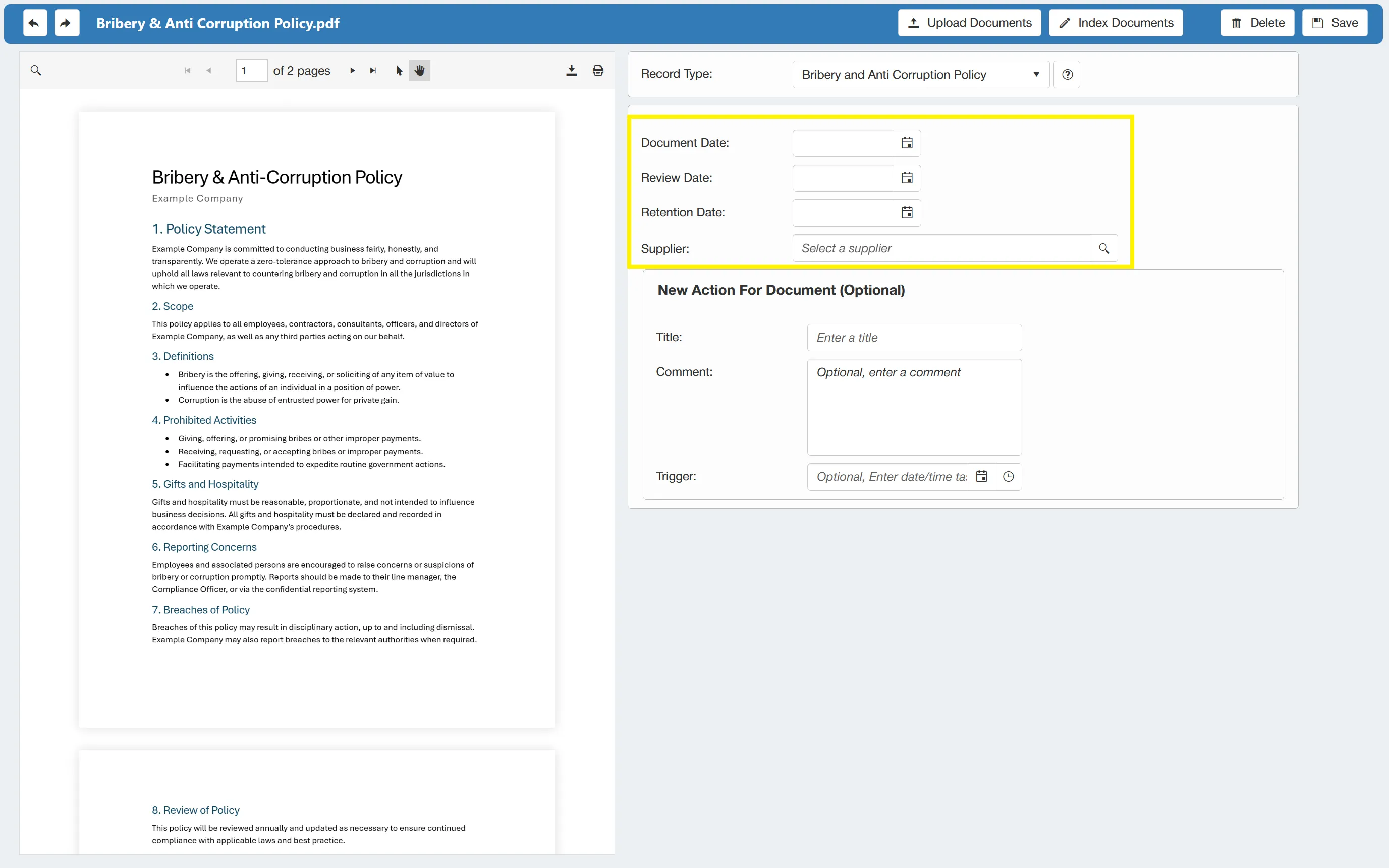 Once the document is selected, it will display a preview on the left hand side for review.