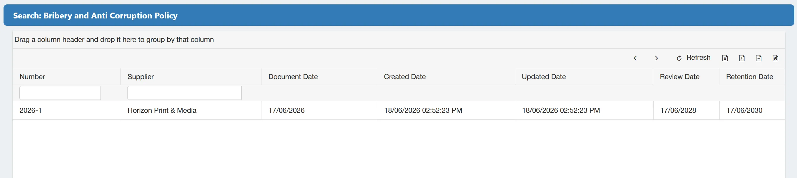 Supplier documents are displayed in a search grid with multiple columns present.