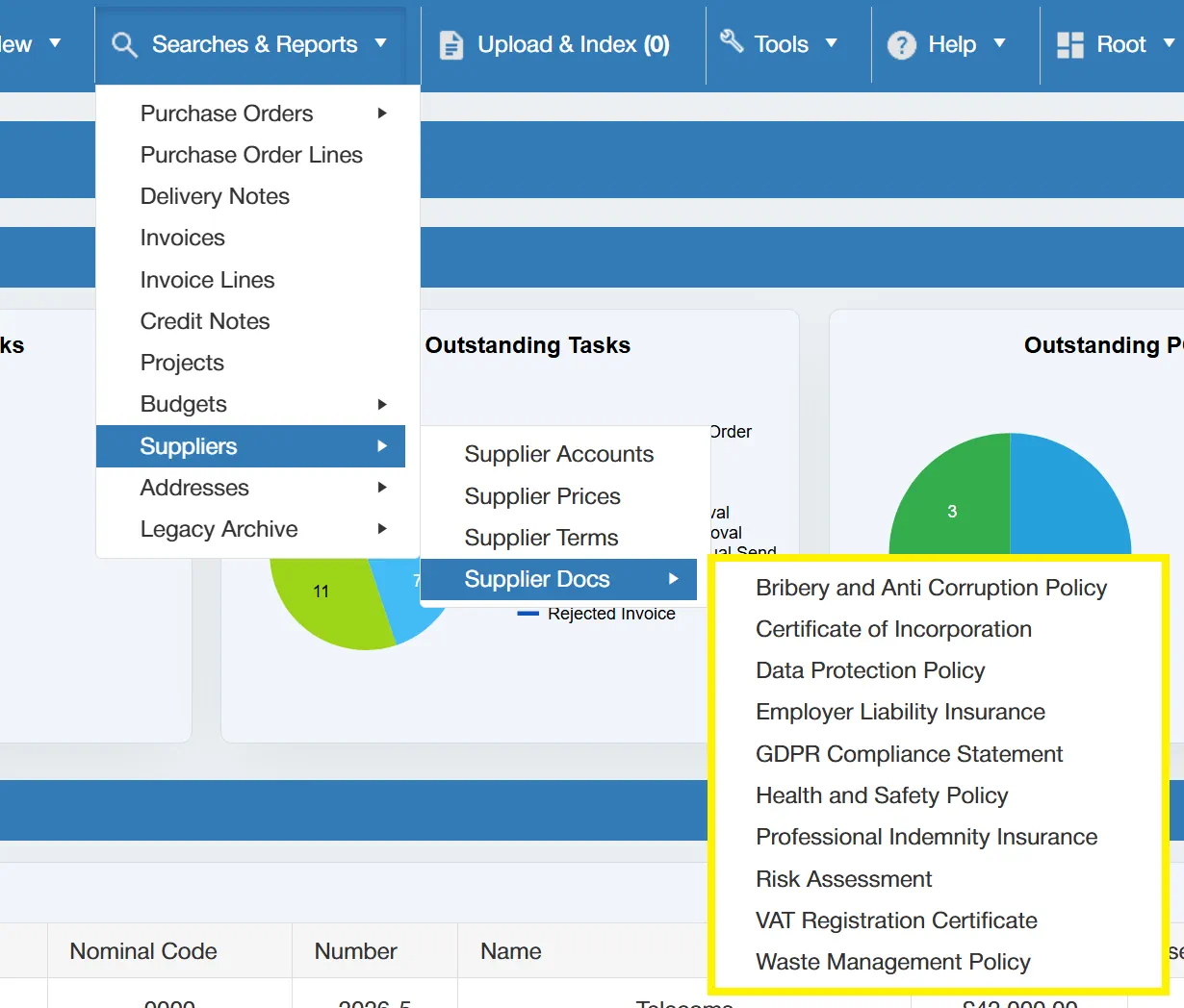 Hovering over the Supplier Docs section displays all Supplier Document Types.