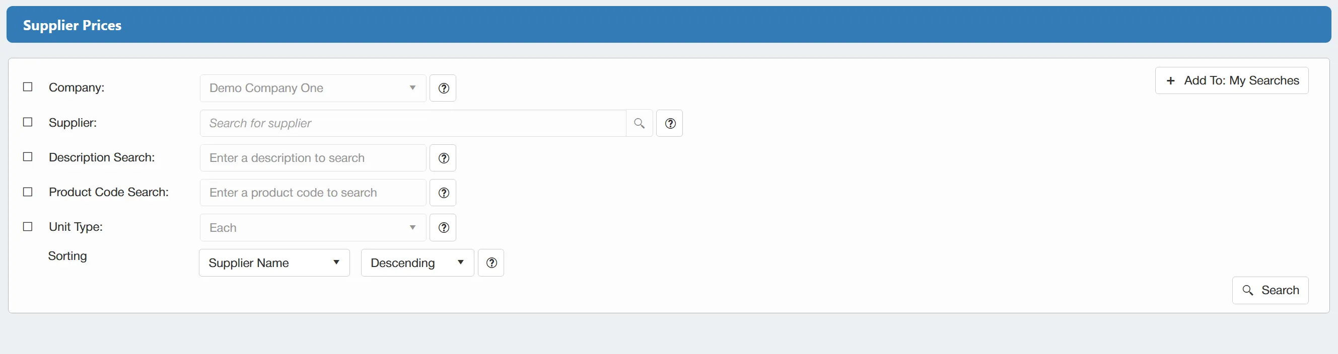 The supplier prices search can be filtered for a more tailored search.