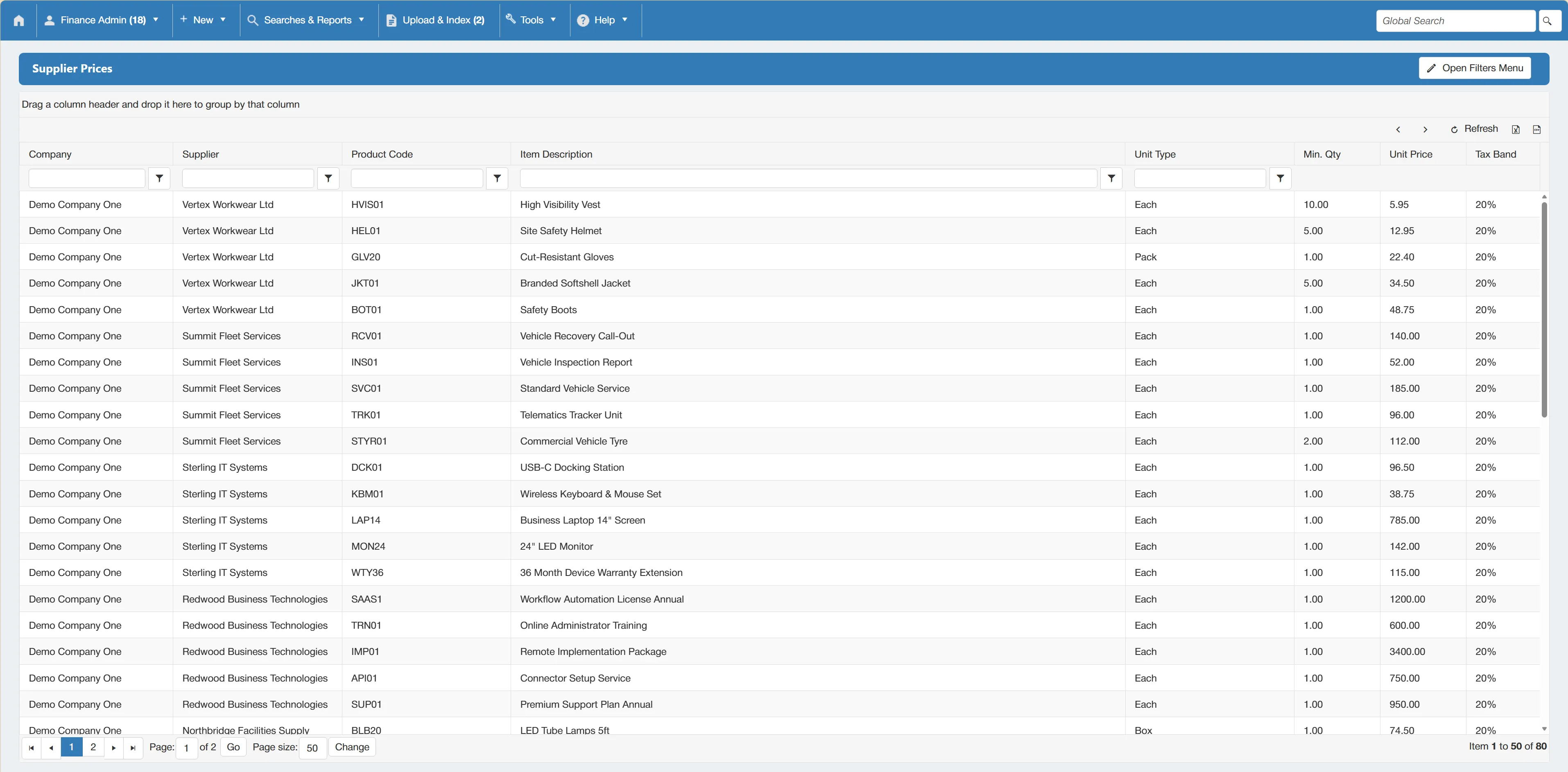 Supplier prices are displayed in a grid with multiple columns.