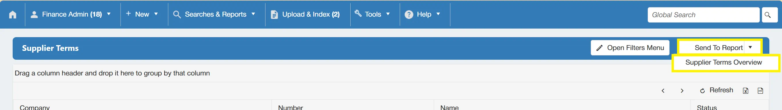 Supplier Terms Overview allows users to send the results to a report.