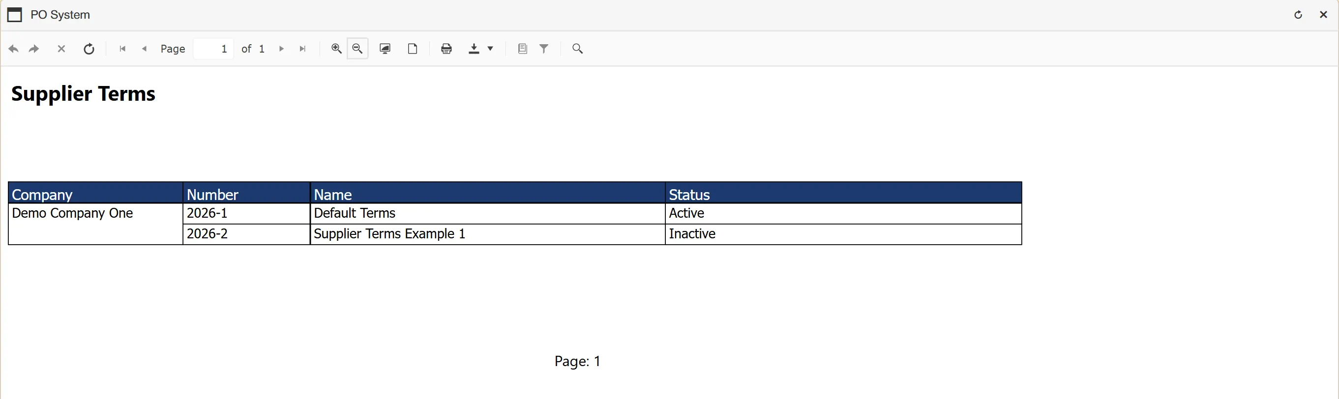 The supplier terms report displays the results in a clear format.