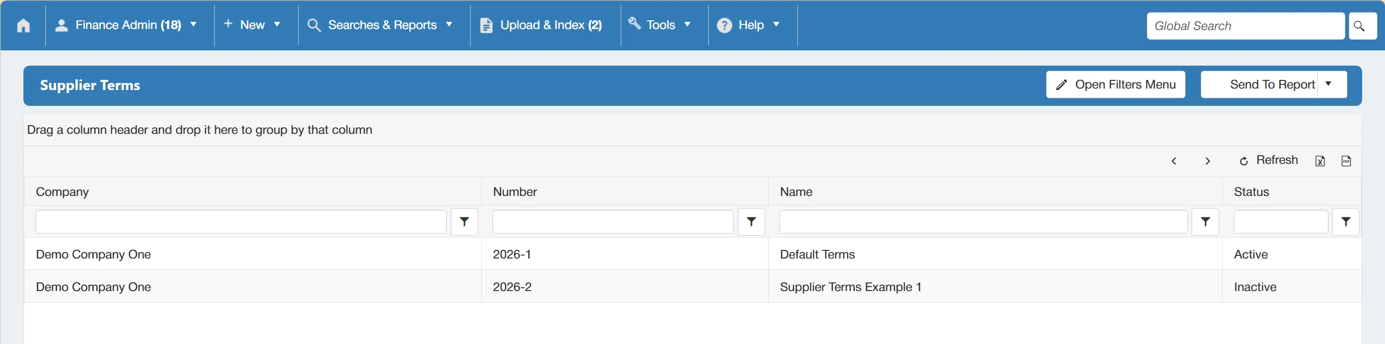 Supplier terms are displayed in a search grid with multiple columns present.