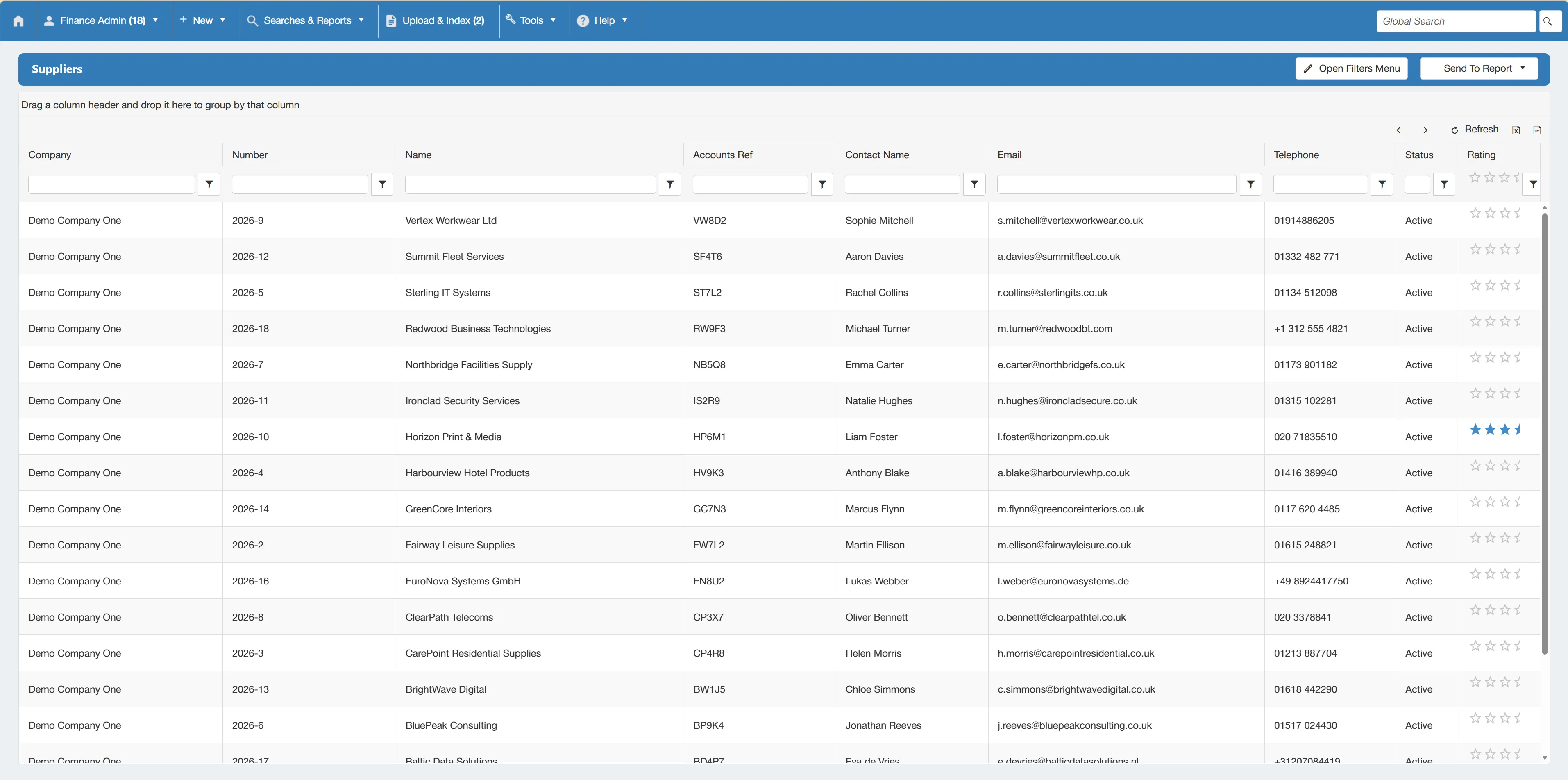 Supplier account search results are displayed in a grid consisting of multiple columns.