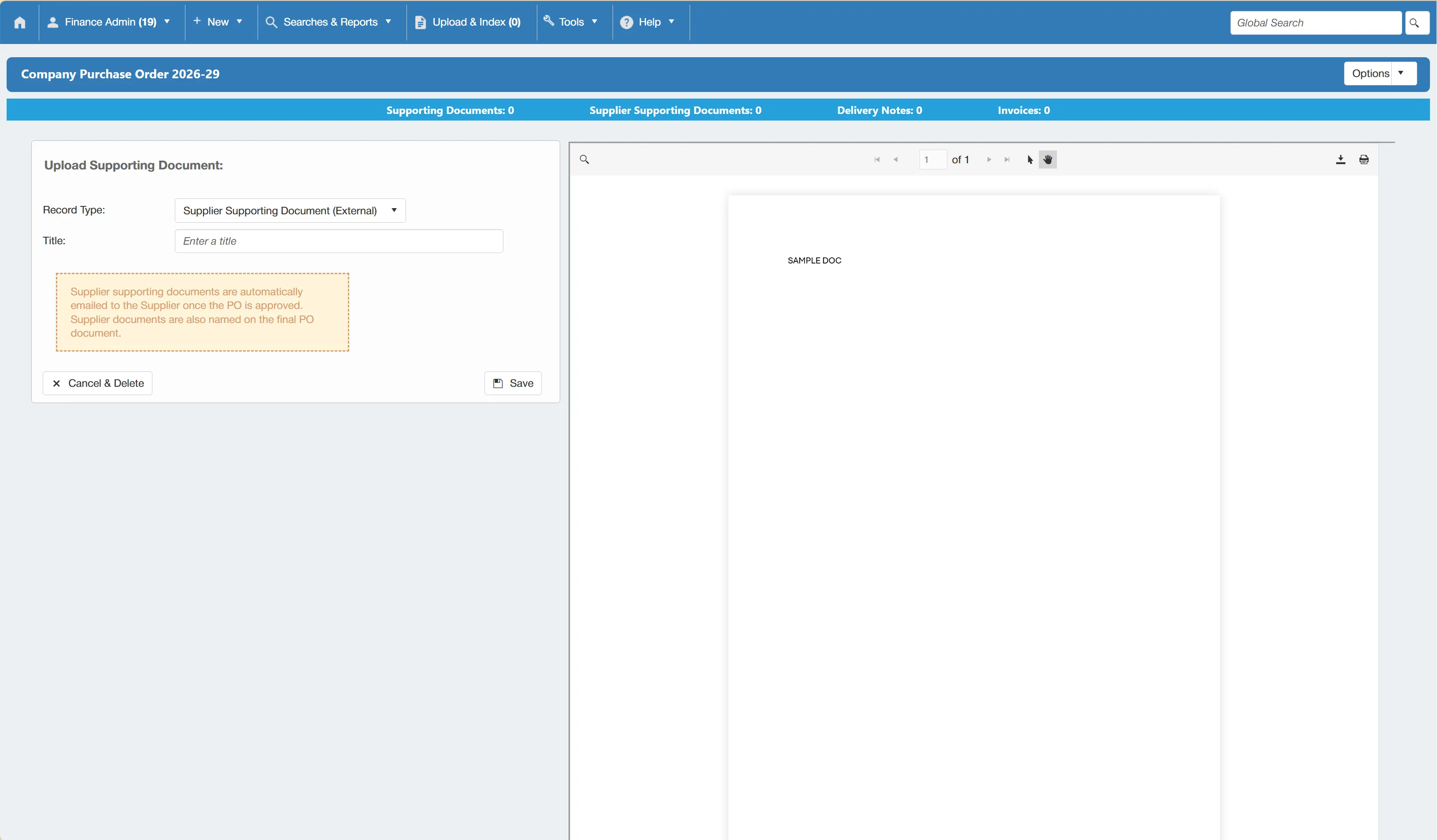 The document will be displayed to allow users to preview before associating it with the purchase order.