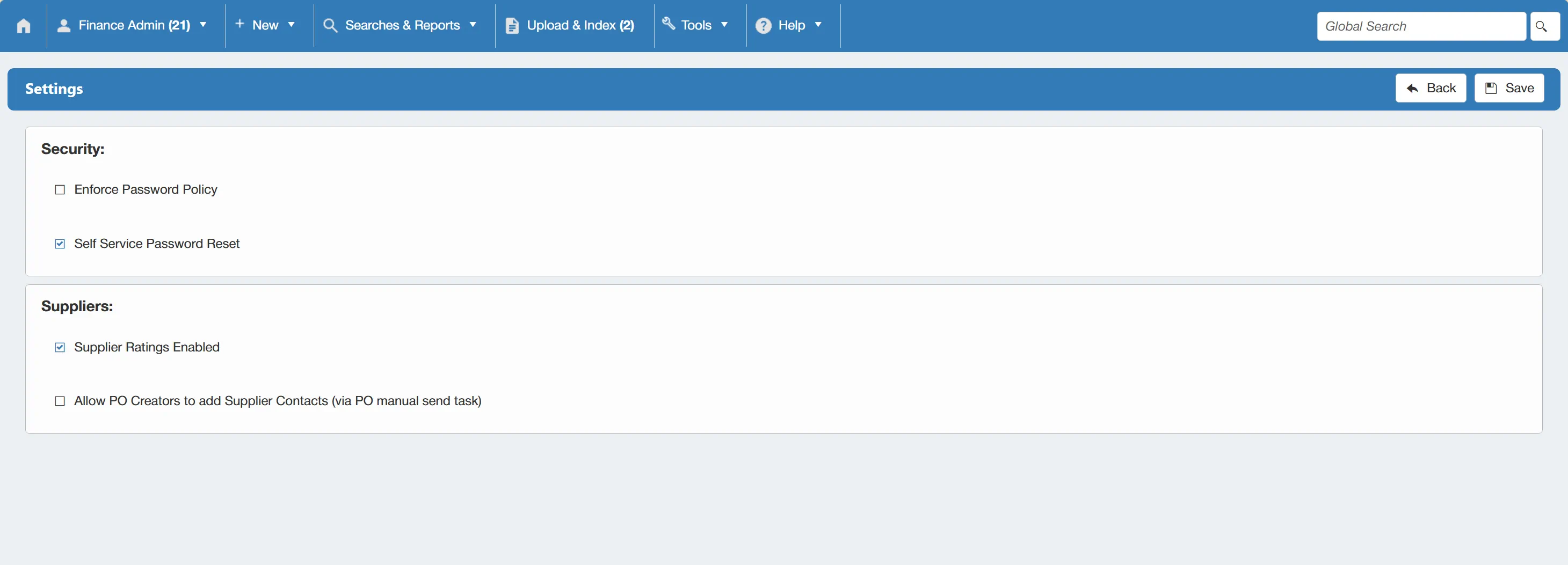 Security and Supplier settings can be changed as required.