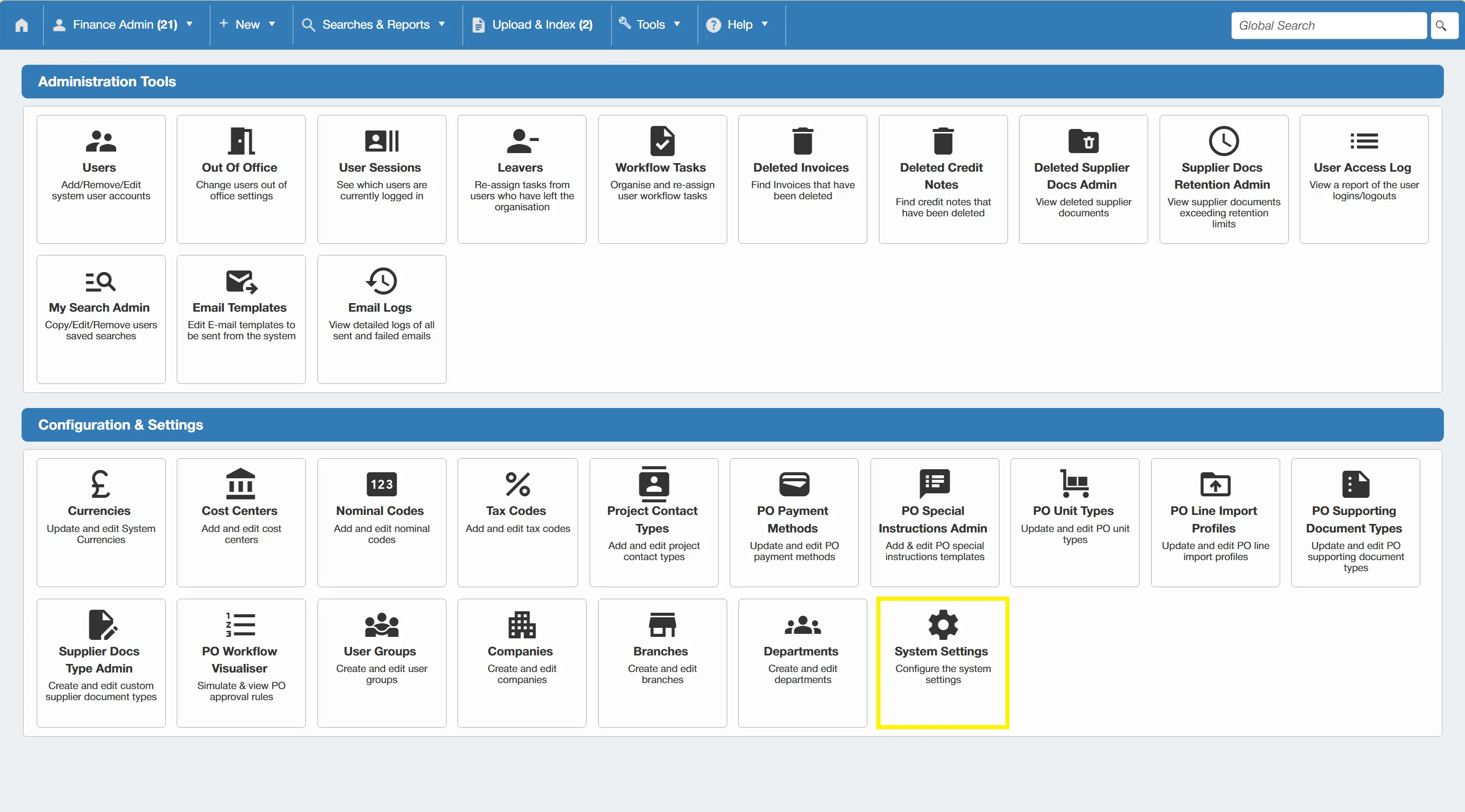 Admin users can configure general system settings within the PO system.