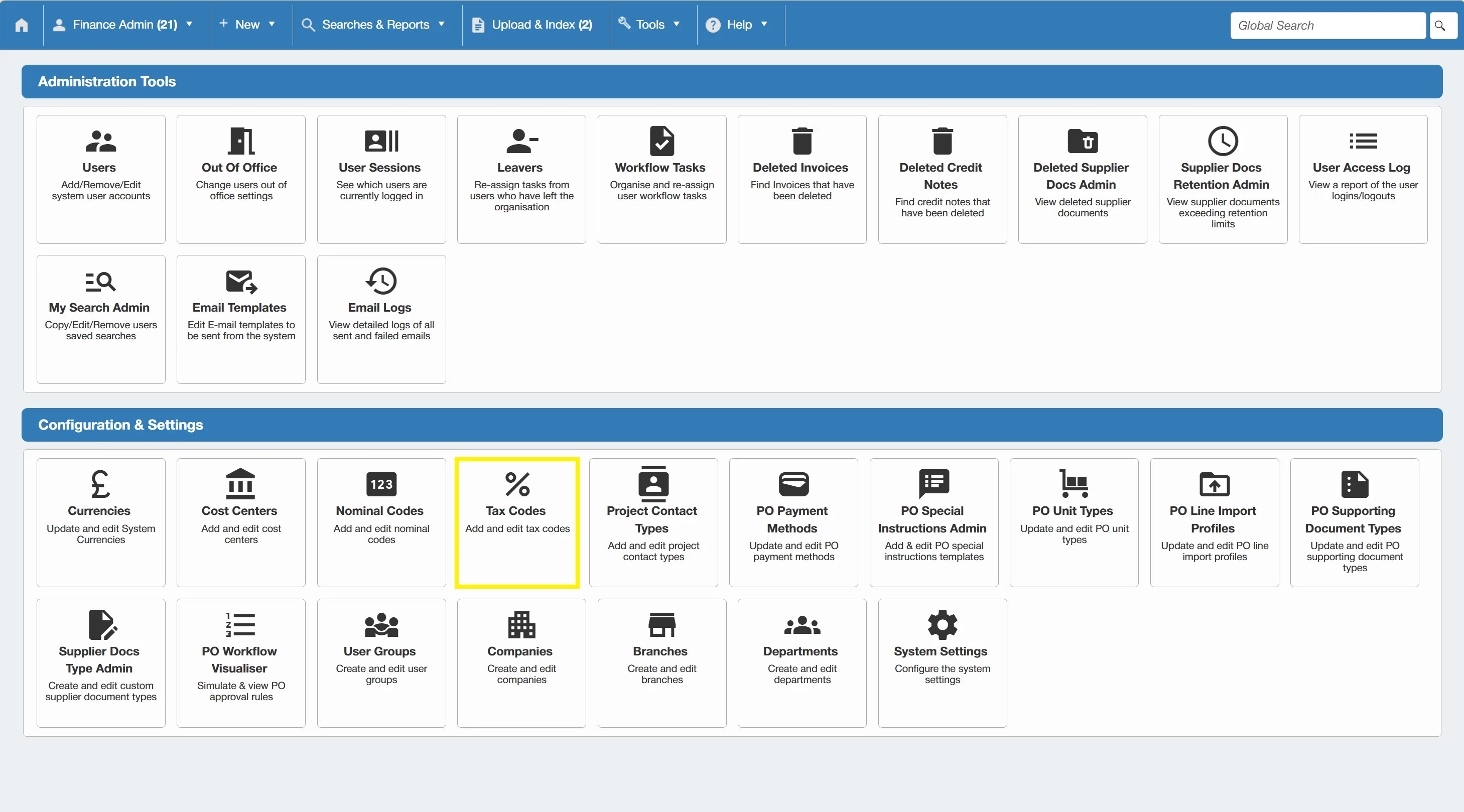 Admin users can configure existing tax codes and create new ones for use within the PO system.