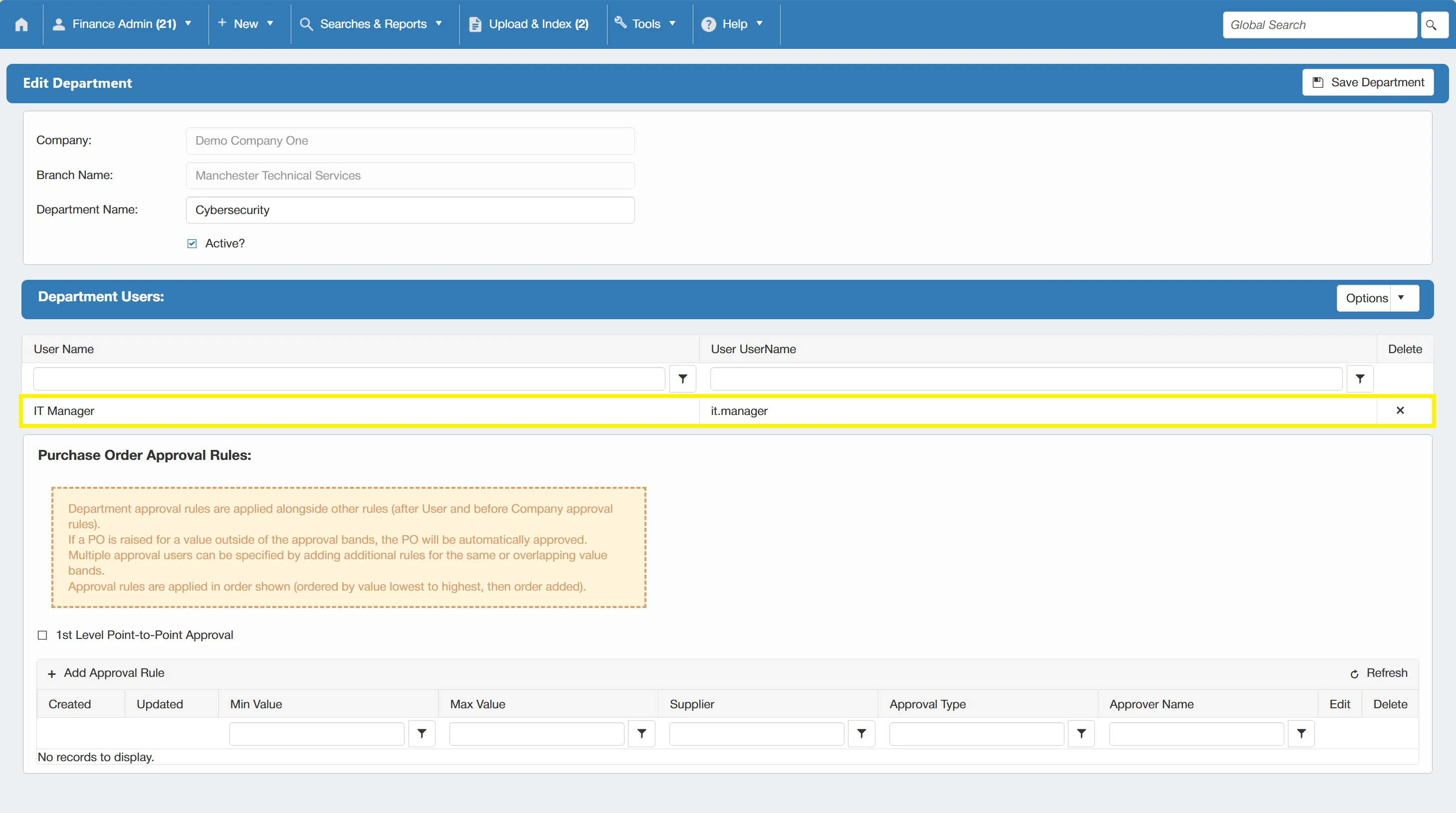 Once added, the users will be displayed in the Department Users grid.