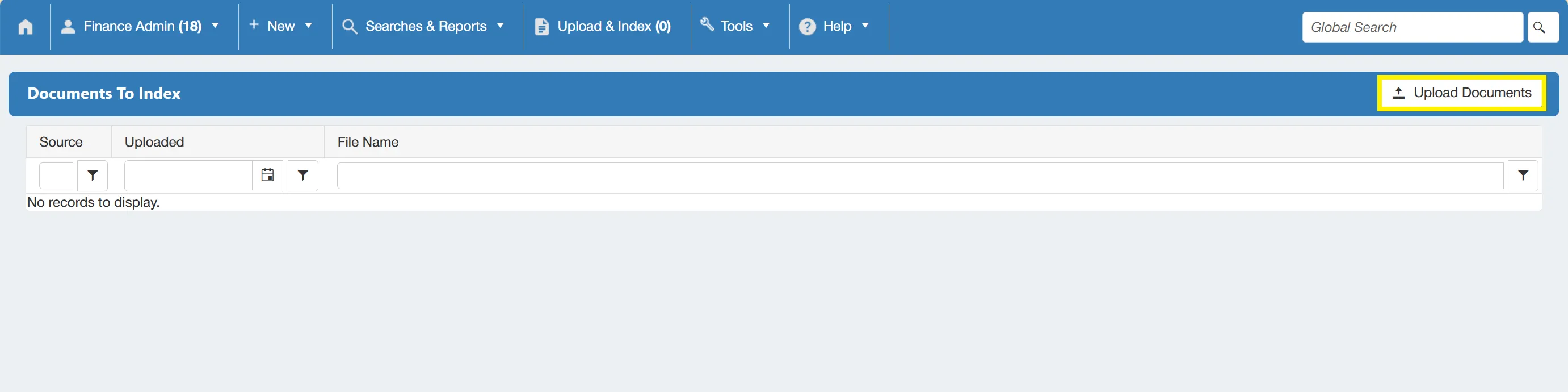 From the Documents to Index window, users can index documents that have already been uploaded, or they can upload new documents to index.