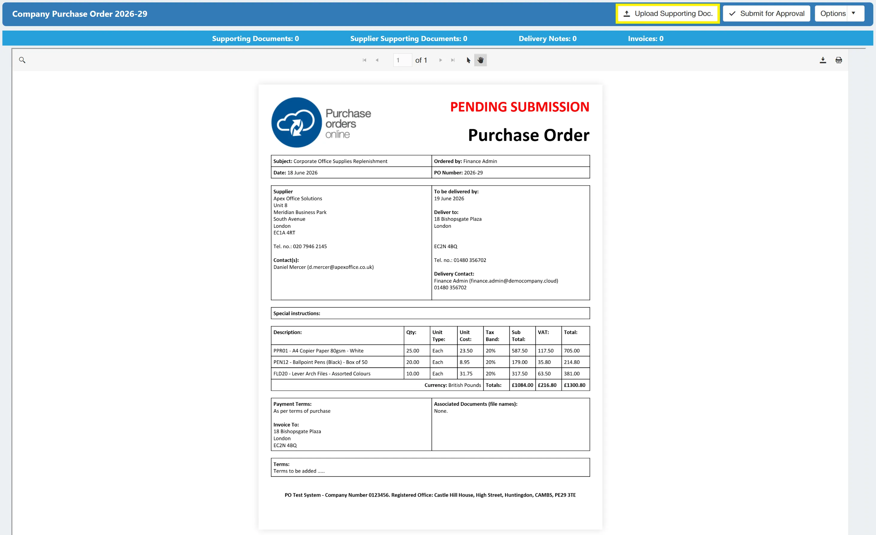 Users can upload supporting documents to accompany purchase orders.