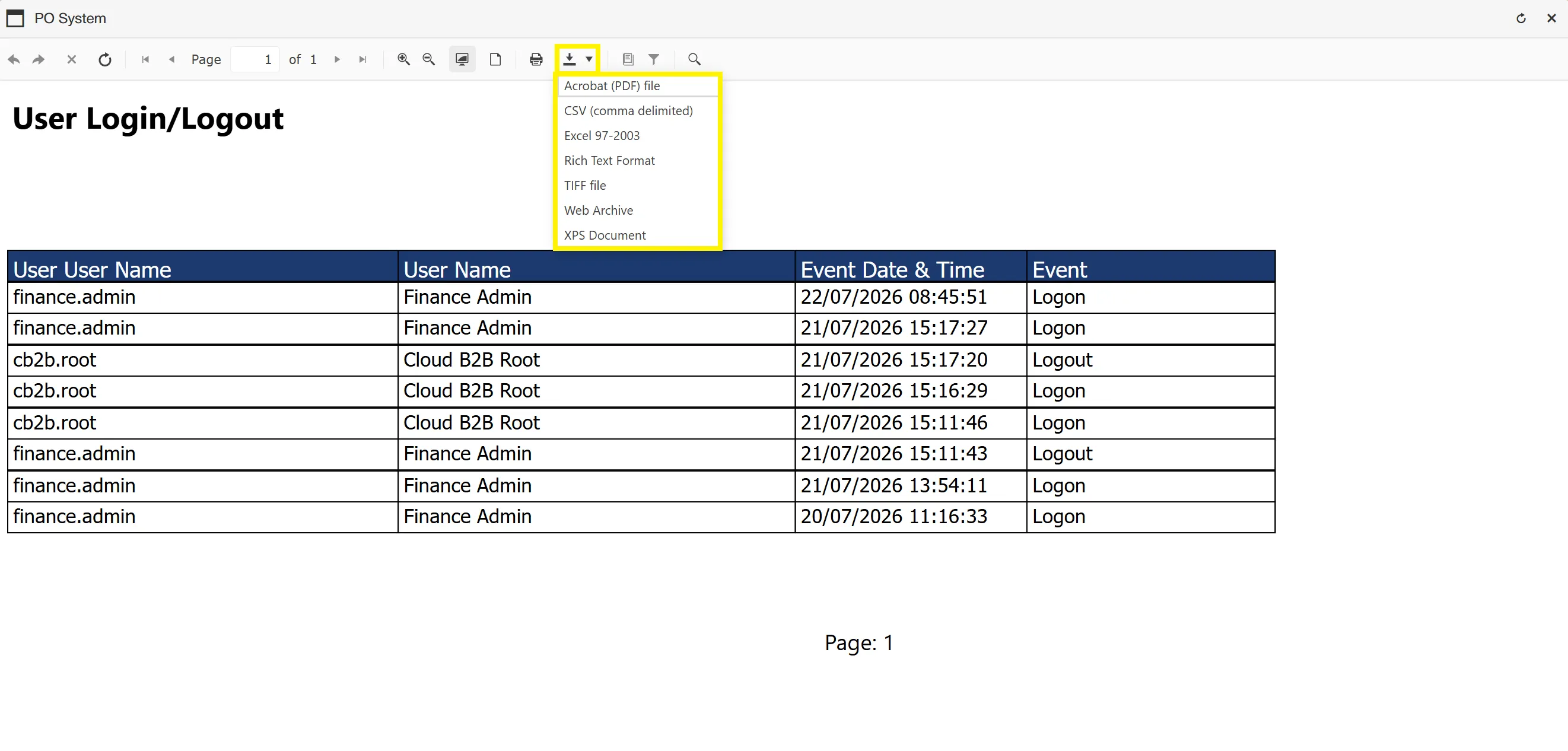 The user access log can be downloaded in a number of formats.