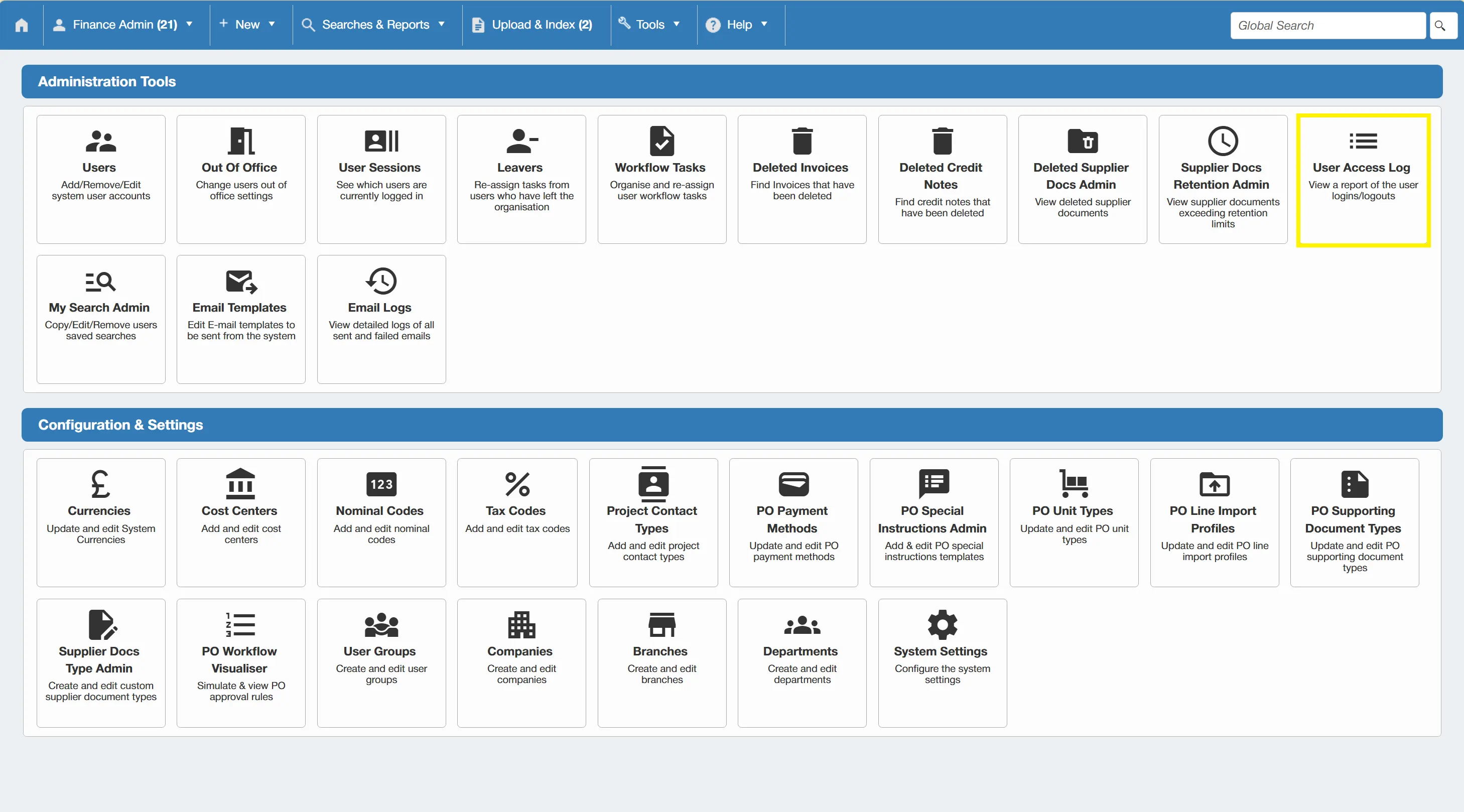The user access log allows admin users to view a report of user logins and logouts within the PO system.