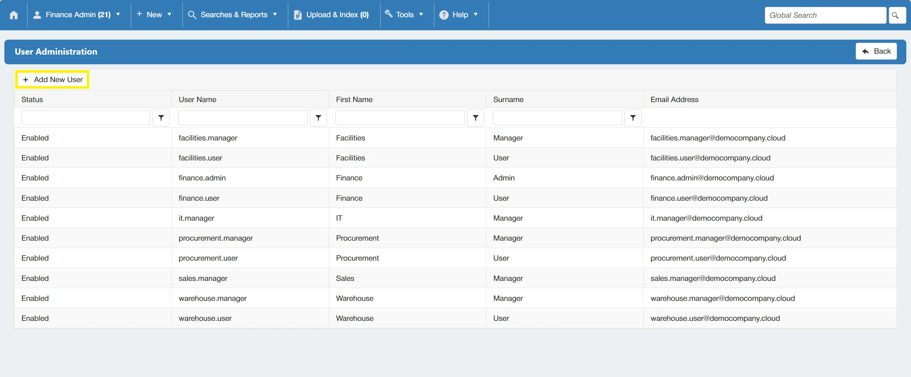 To add a new users to the PO system, select the Add New User button on the User Admin list.
