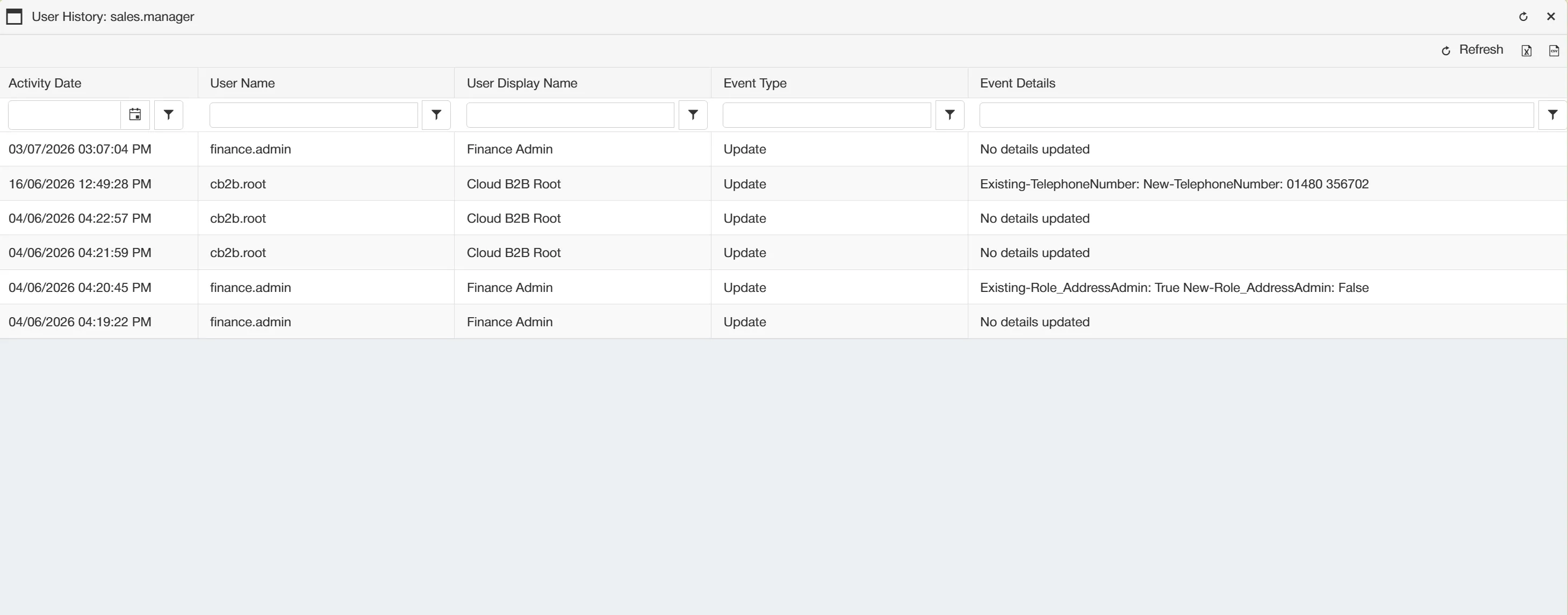 User Admin events are listed in the grid for review.