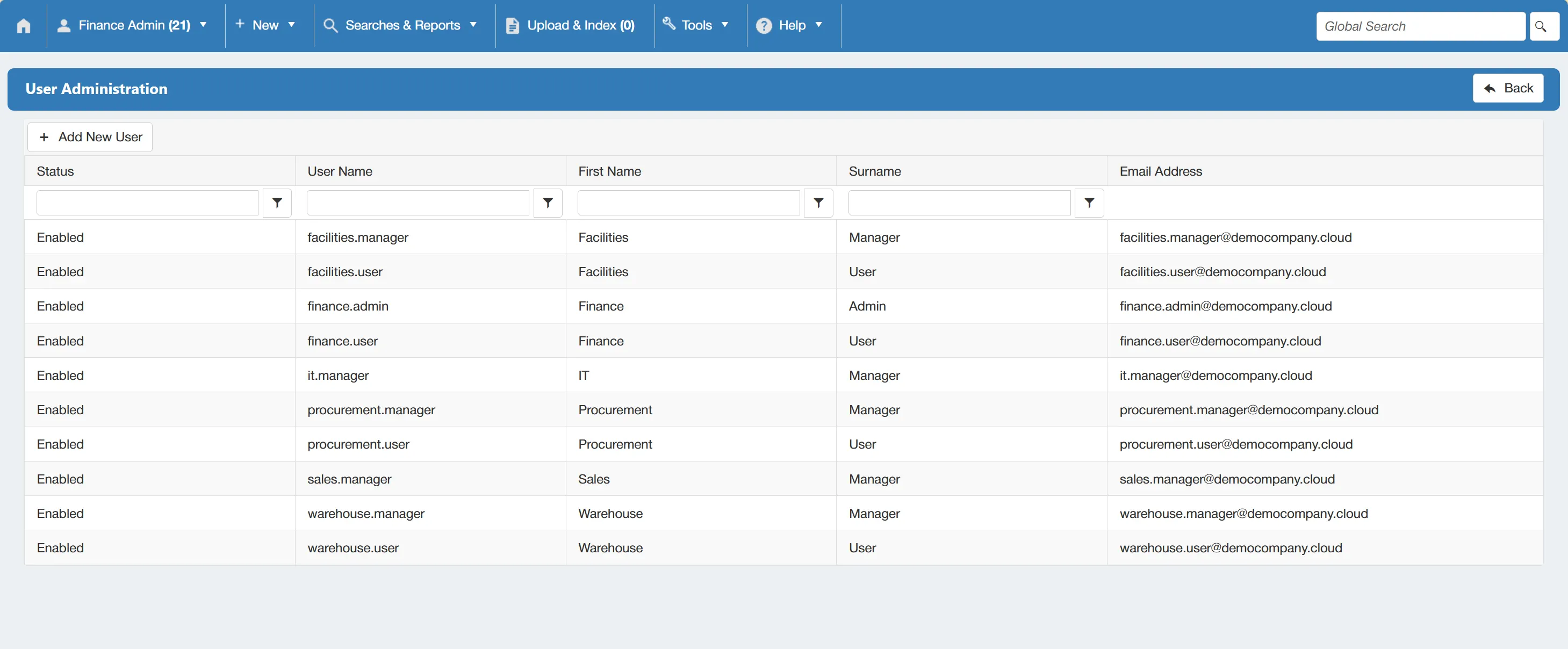 The User Admin List displays all users set up within the purchase order system.
