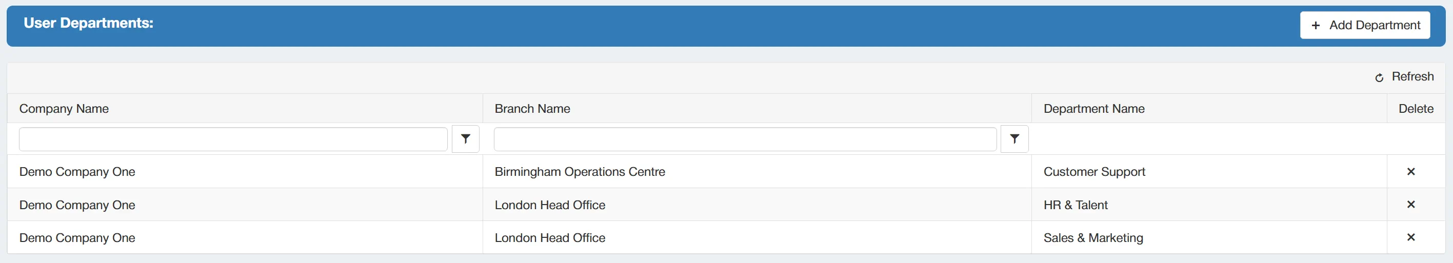 The User Departments section displays which departments the user belongs to.