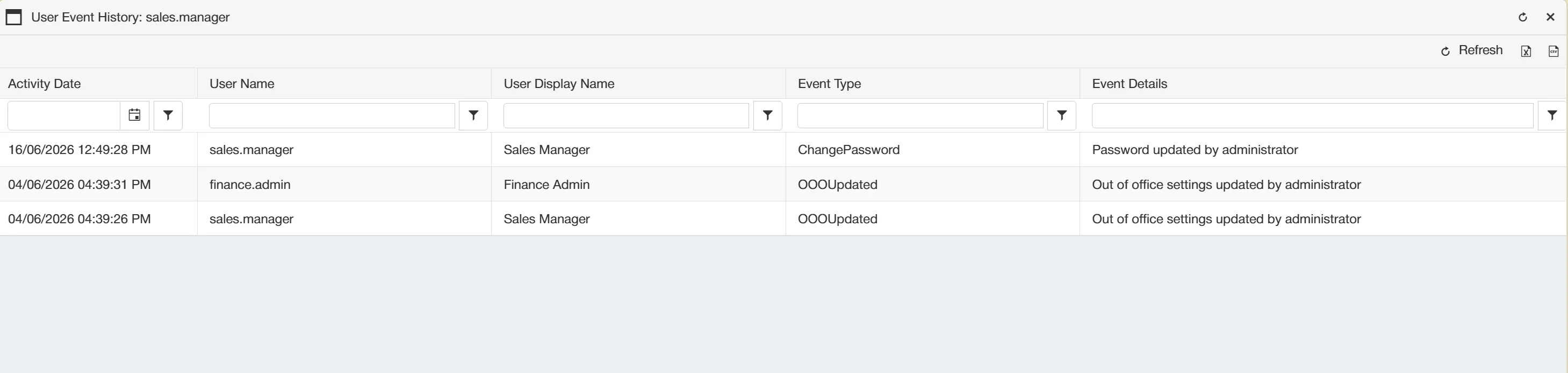 Events related to user accounts are recorded in the User Event History grid for an audit trail.