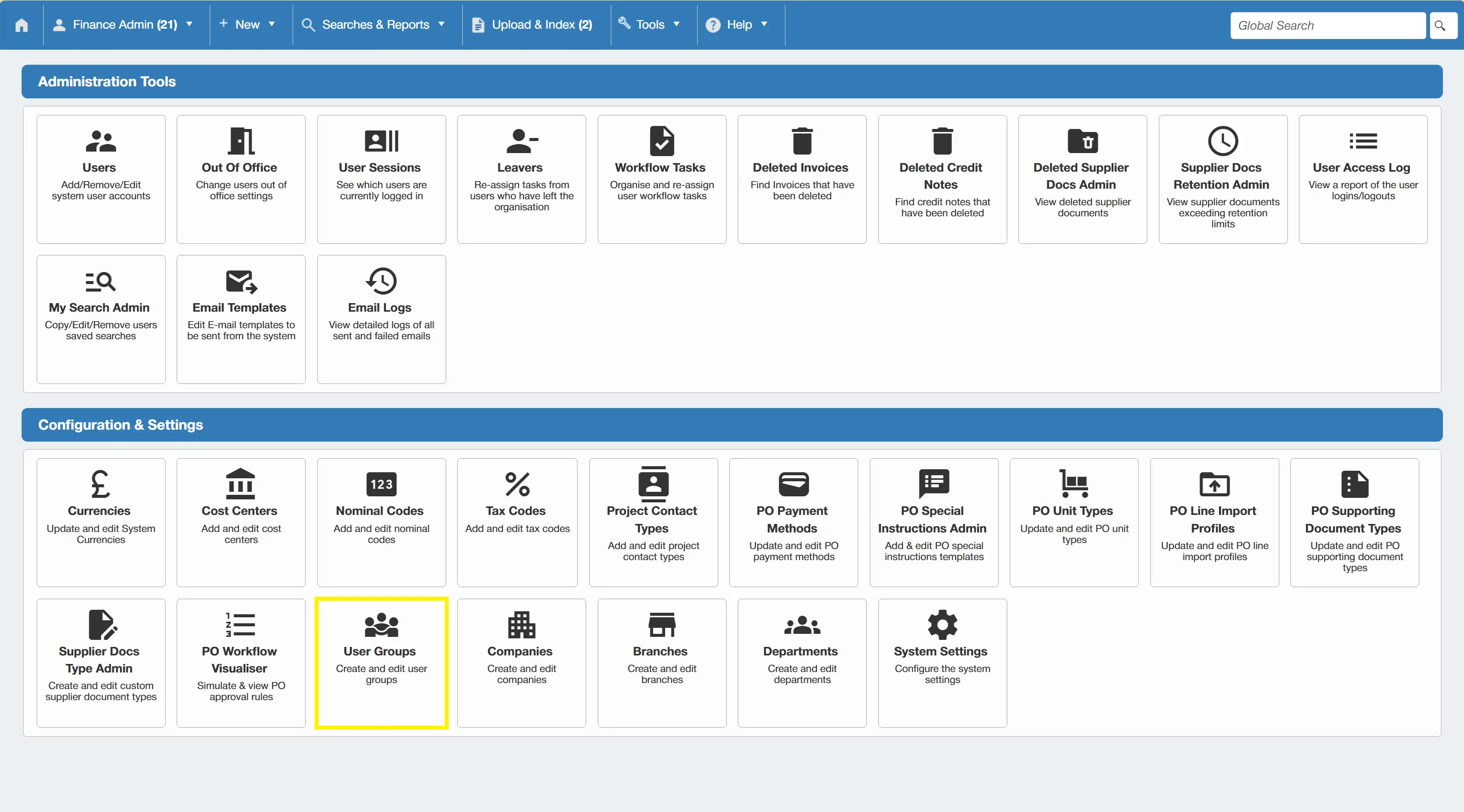 Admin users can create new user groups or edit existing ones.