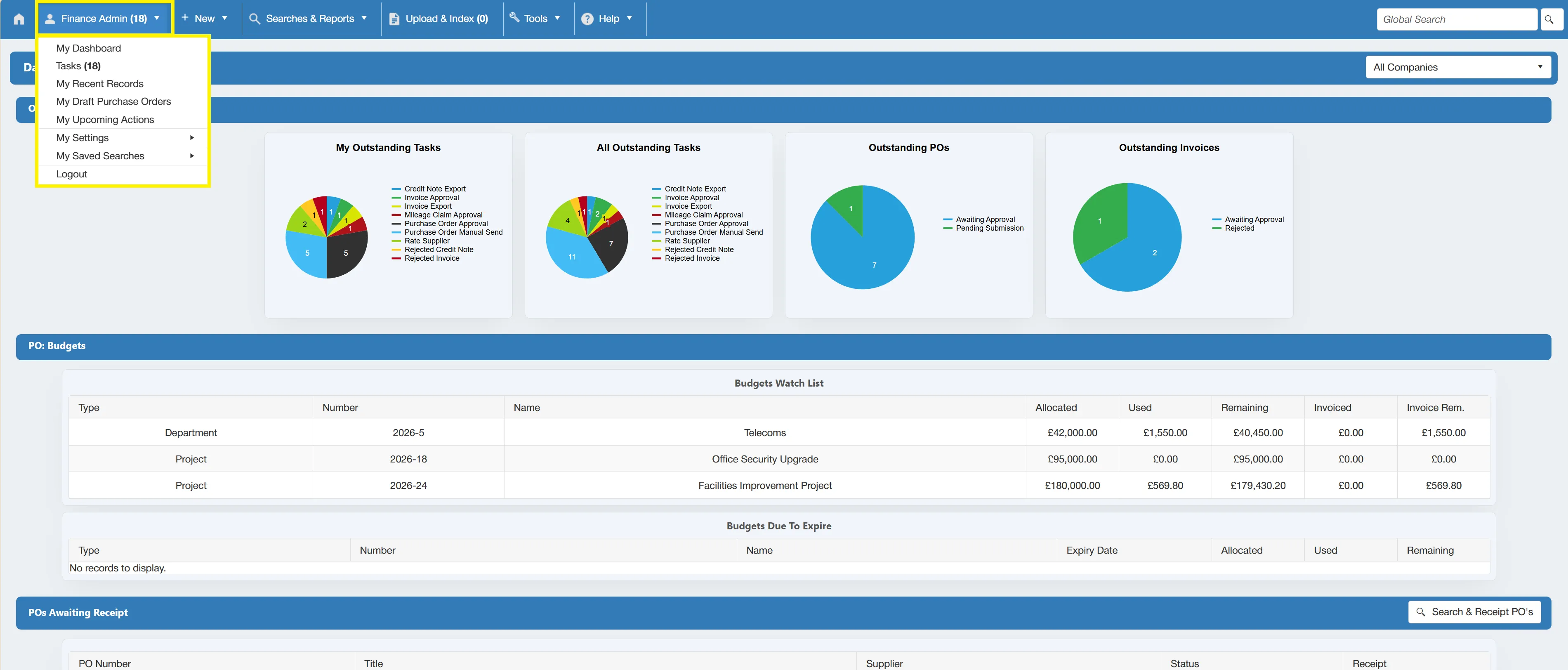 Each purchase order system comes with a User Menu.