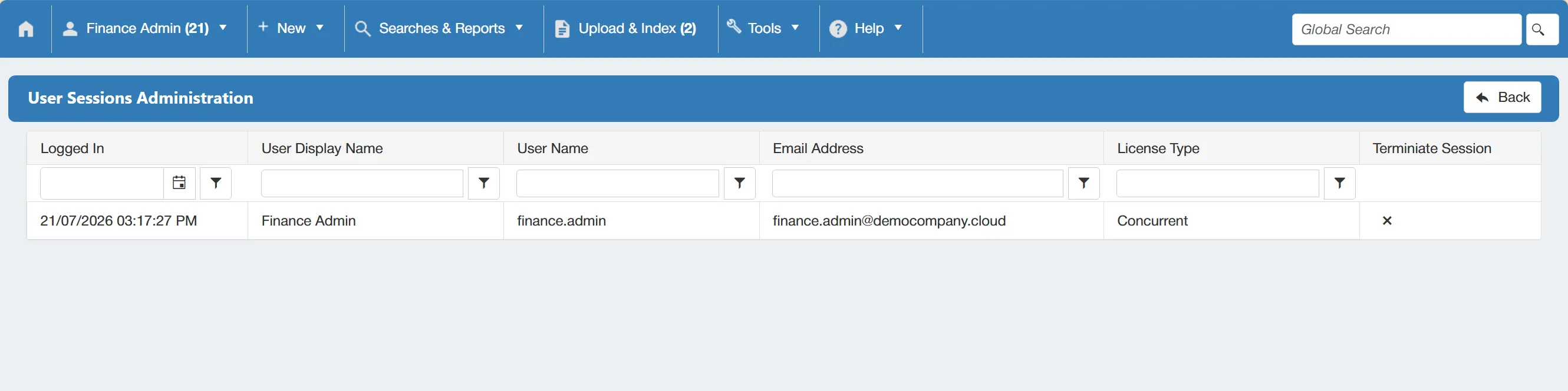 Any active sessions will be displayed in this grid. Admin users have the ability to terminate sessions as needed.