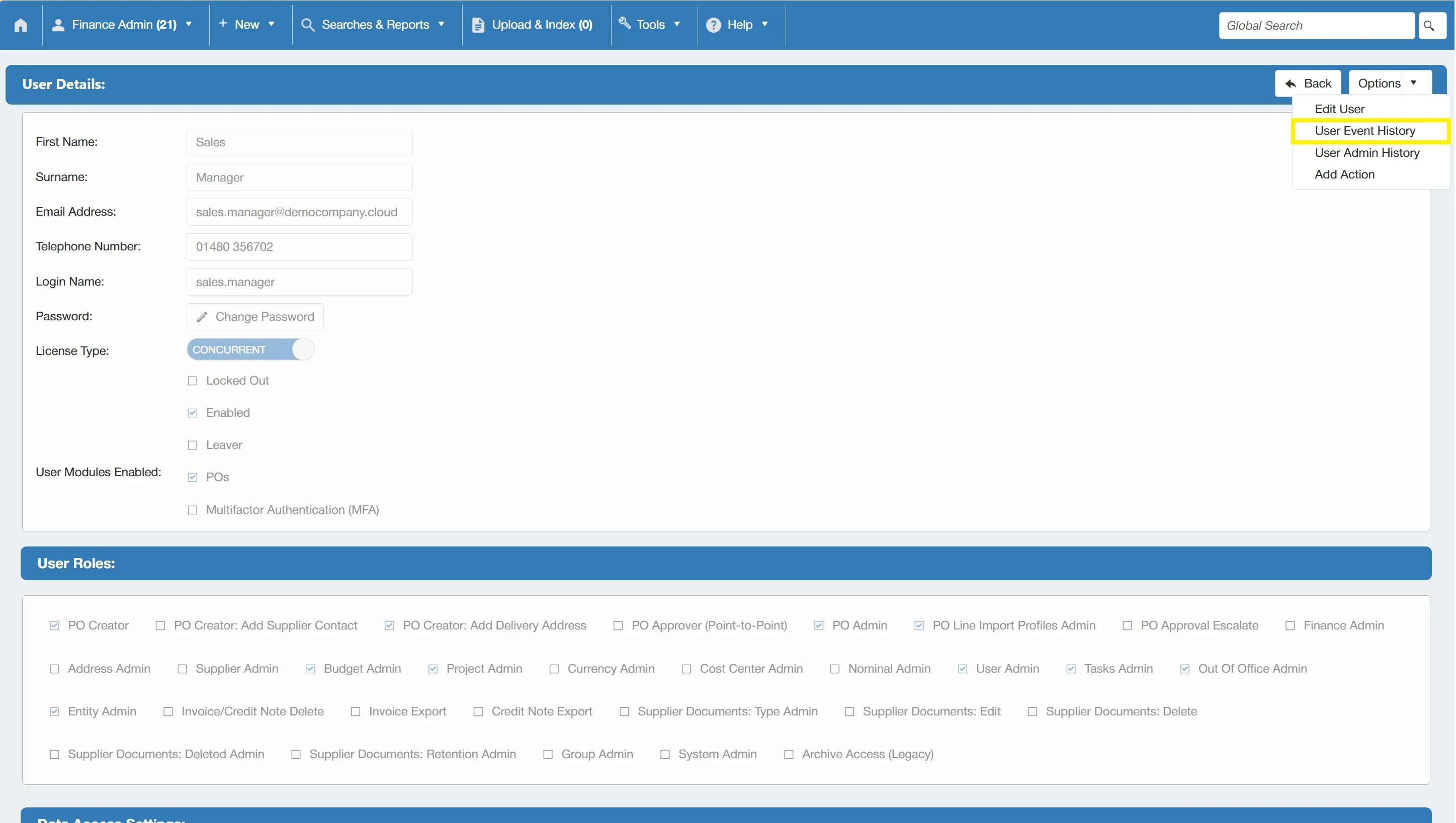 User Event History can be accessed from the User Details section.