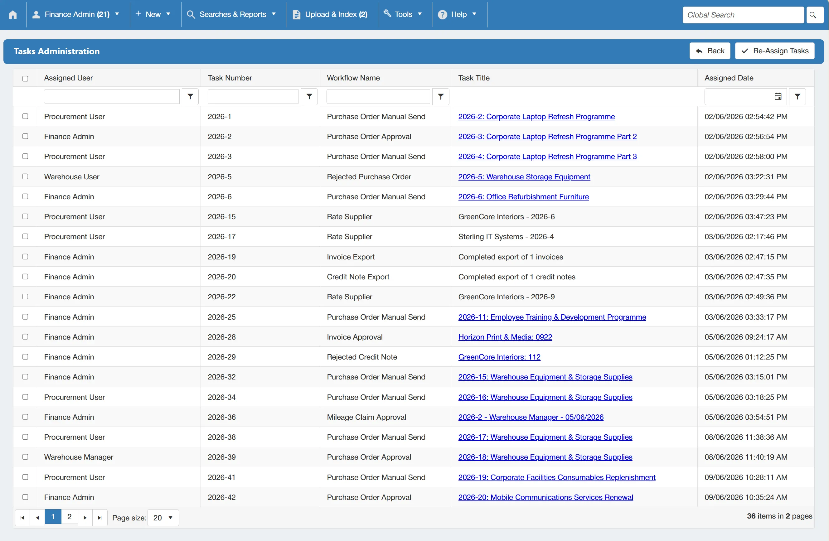 The Tasks Administration grid shows all tasks currently assigned to users within PO system.