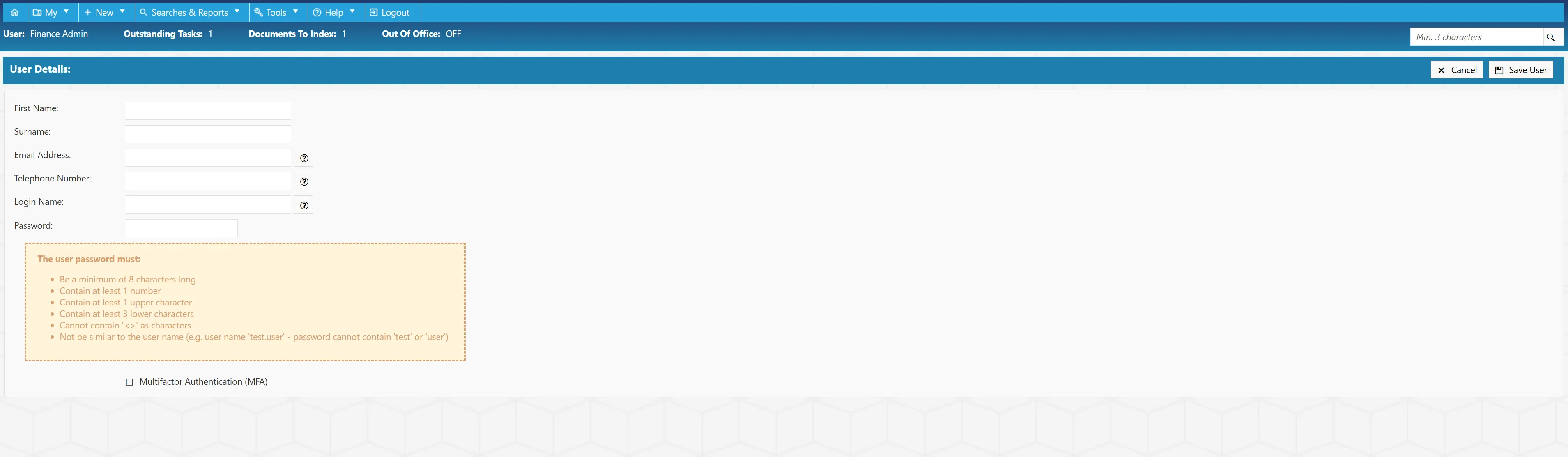 New User Details Fill in the new user's details to set up a new account.