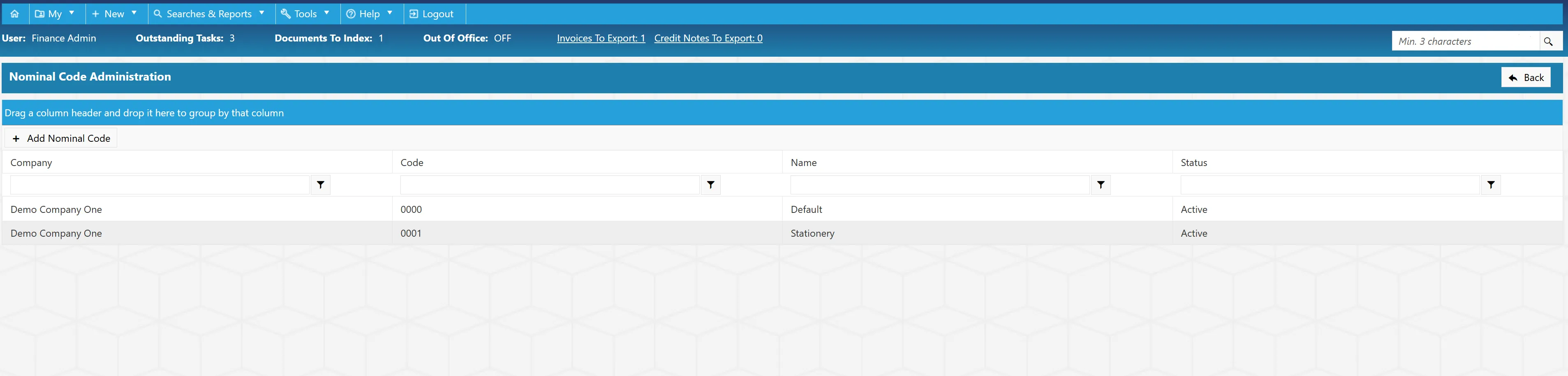 The Nominal Code Administration grid displays all nominal codes within the PO system.