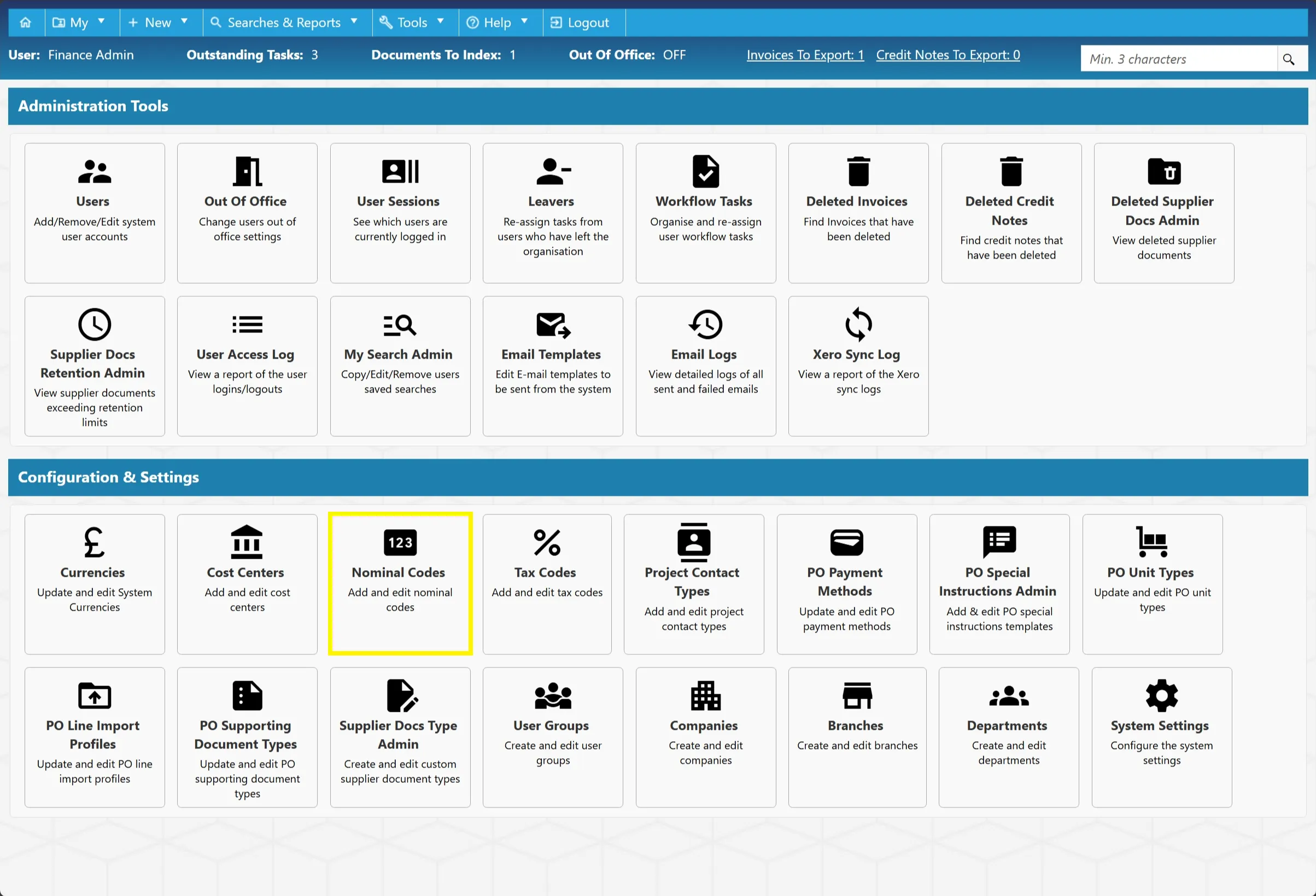 Users can add new nominal codes and edit existing ones within the purchase order software.