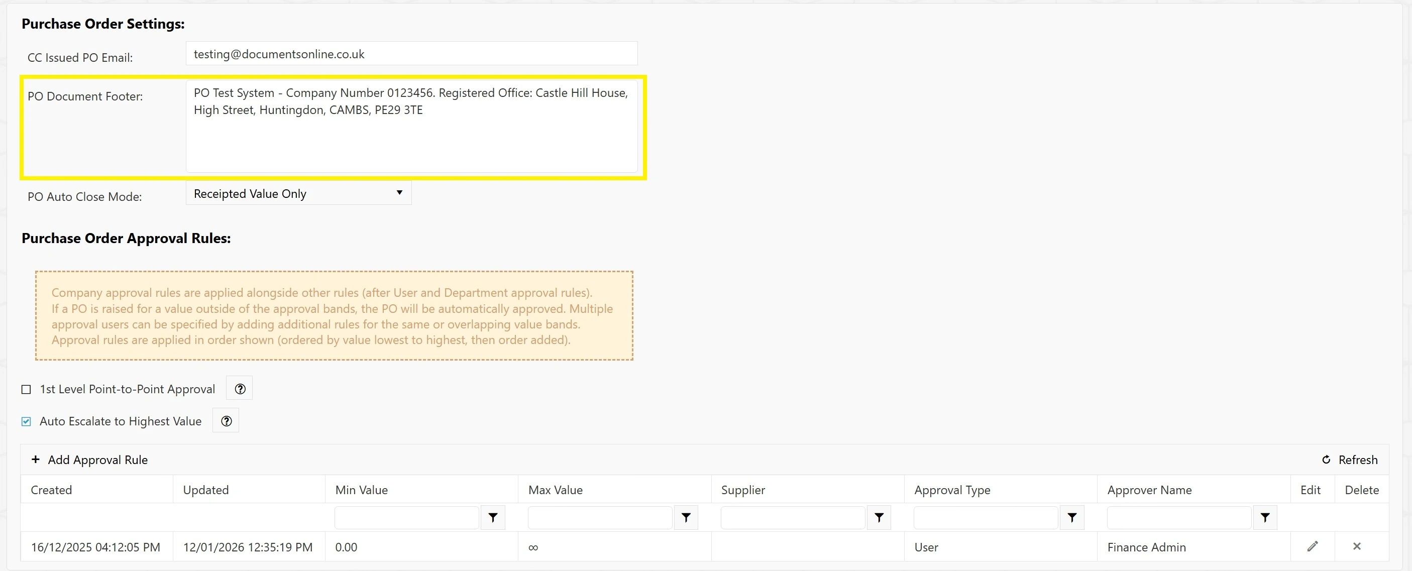 The footer found at the bottom of the PO document can be edited as required.