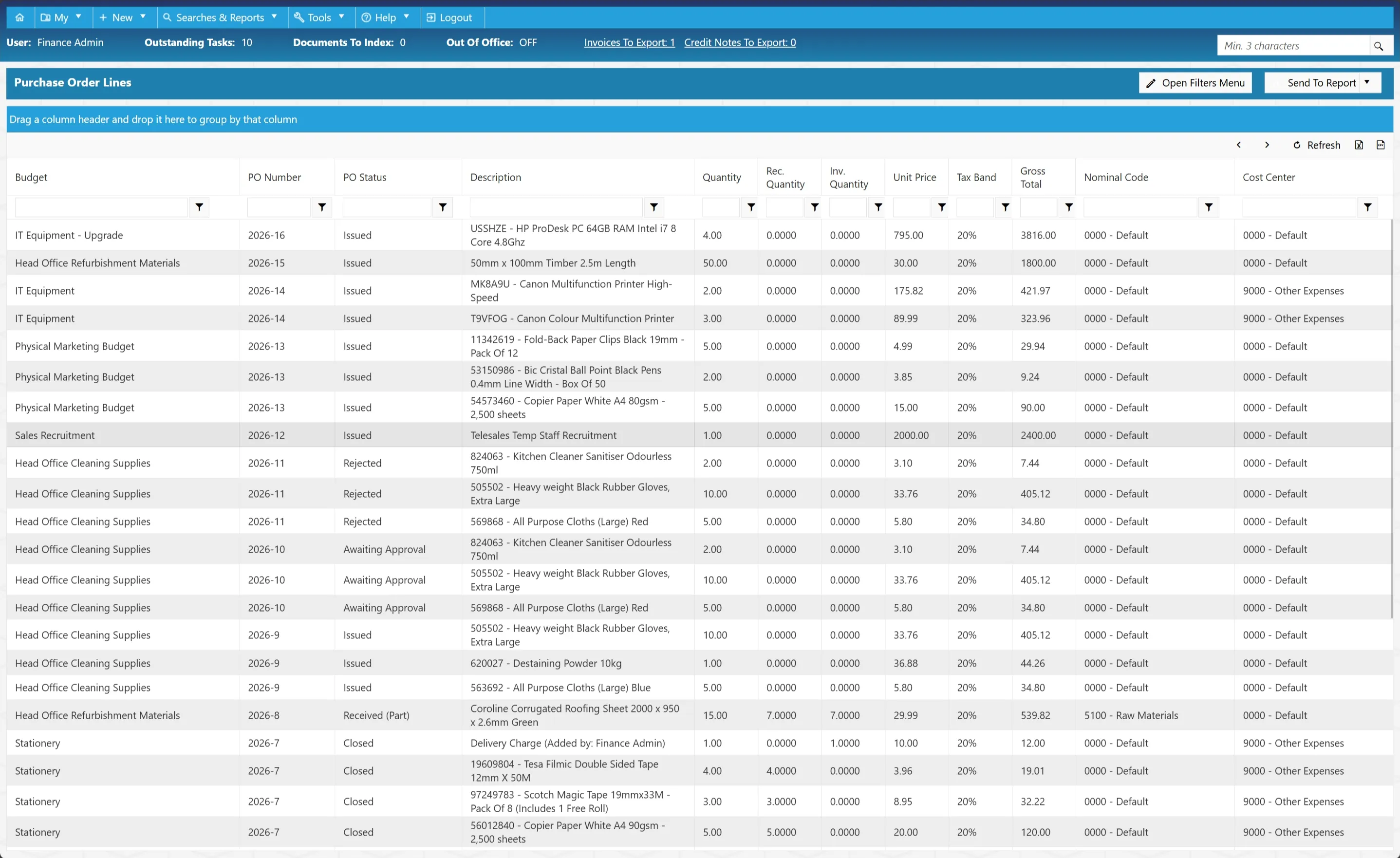Purchase order line search results are displayed in a grid with several columns.