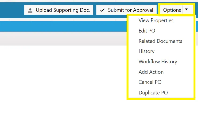 Several options are available prior to submitting the purchase order for approval.