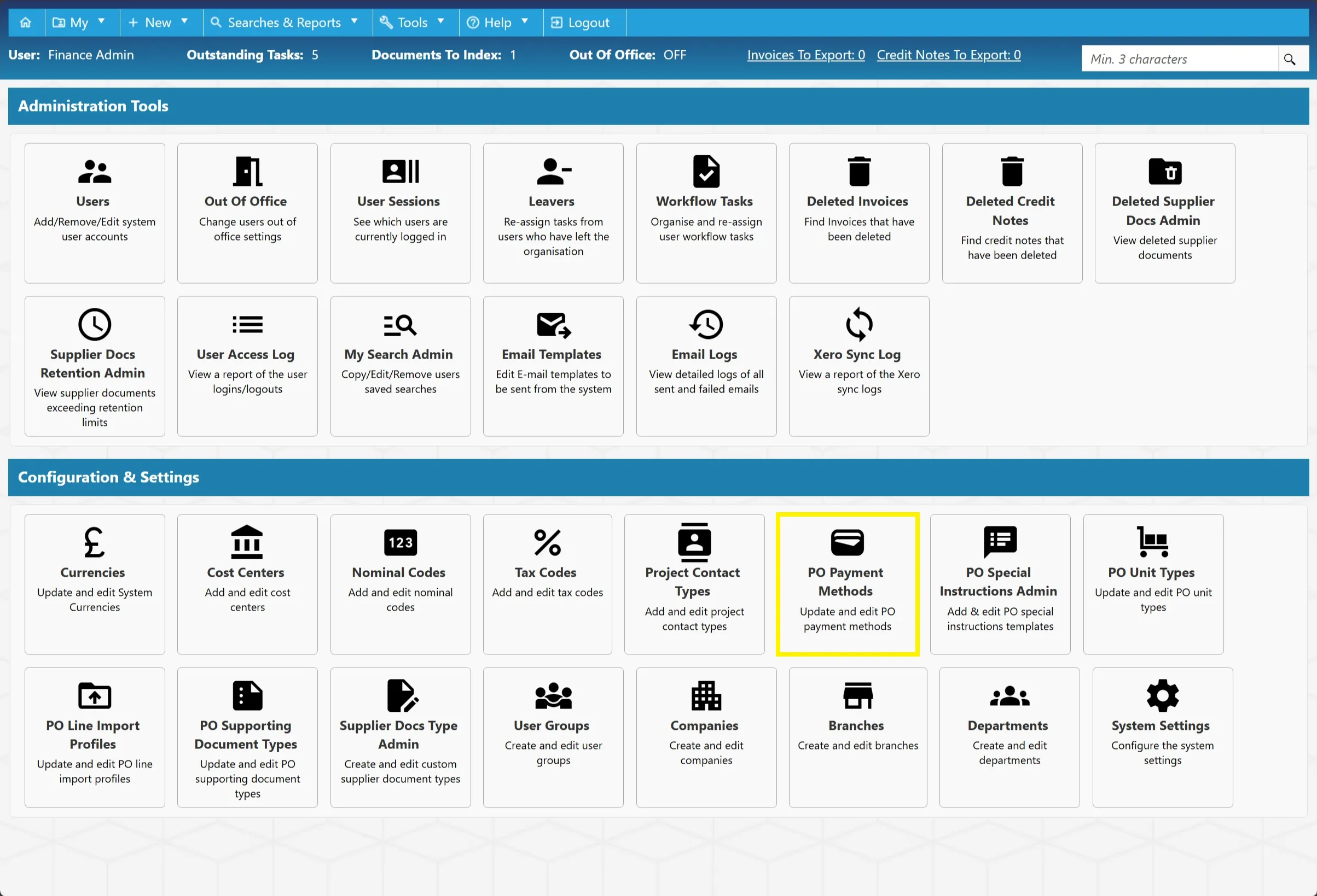 PO Payment methods can be selected when creating a new PO, from here you can administer them.