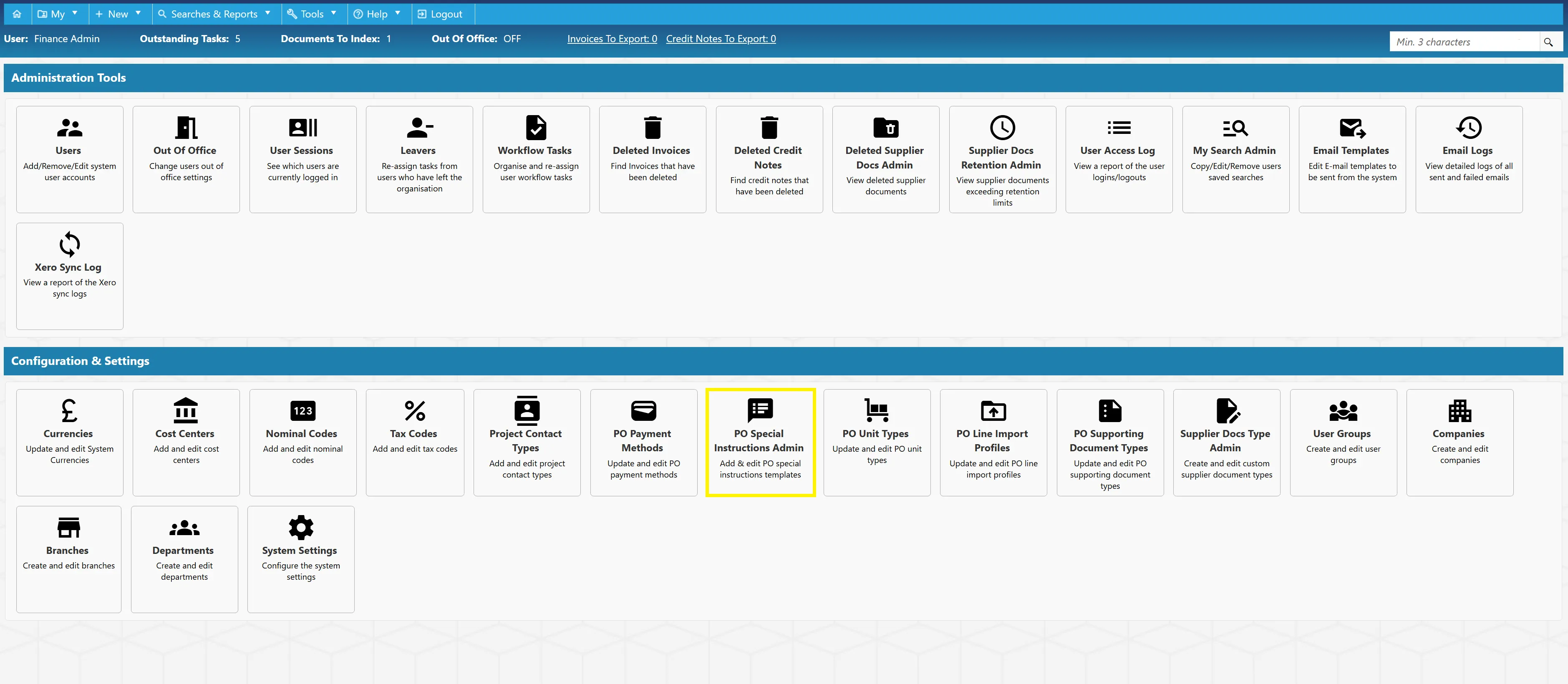 PO Special Instruction Templates can be selected when creating a new PO, from here you can administer them.