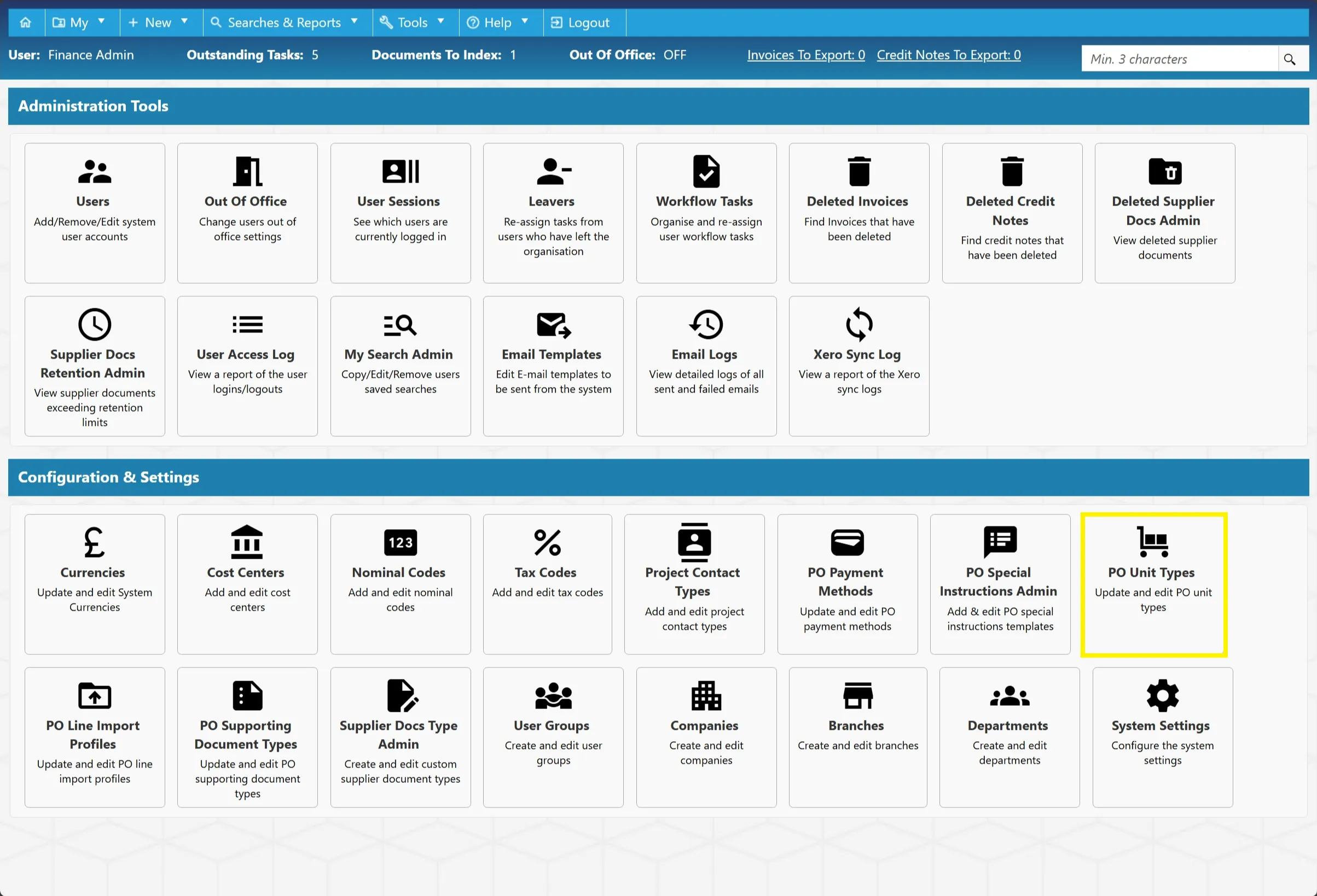 PO unit types are selectable when adding items to a purchase order, from here you can administer these.