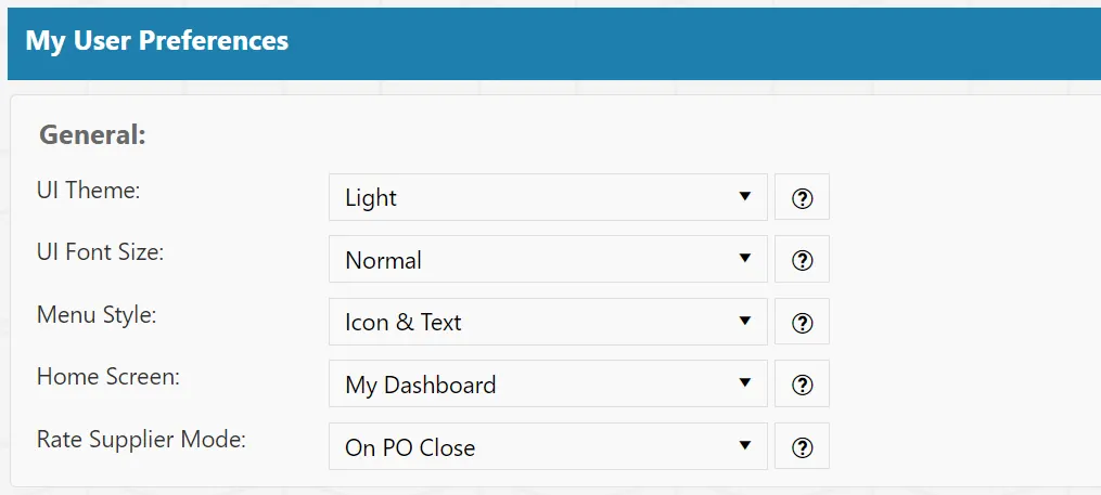 General preferences allow users to edit parts of the visual user interface on the purchase order system.