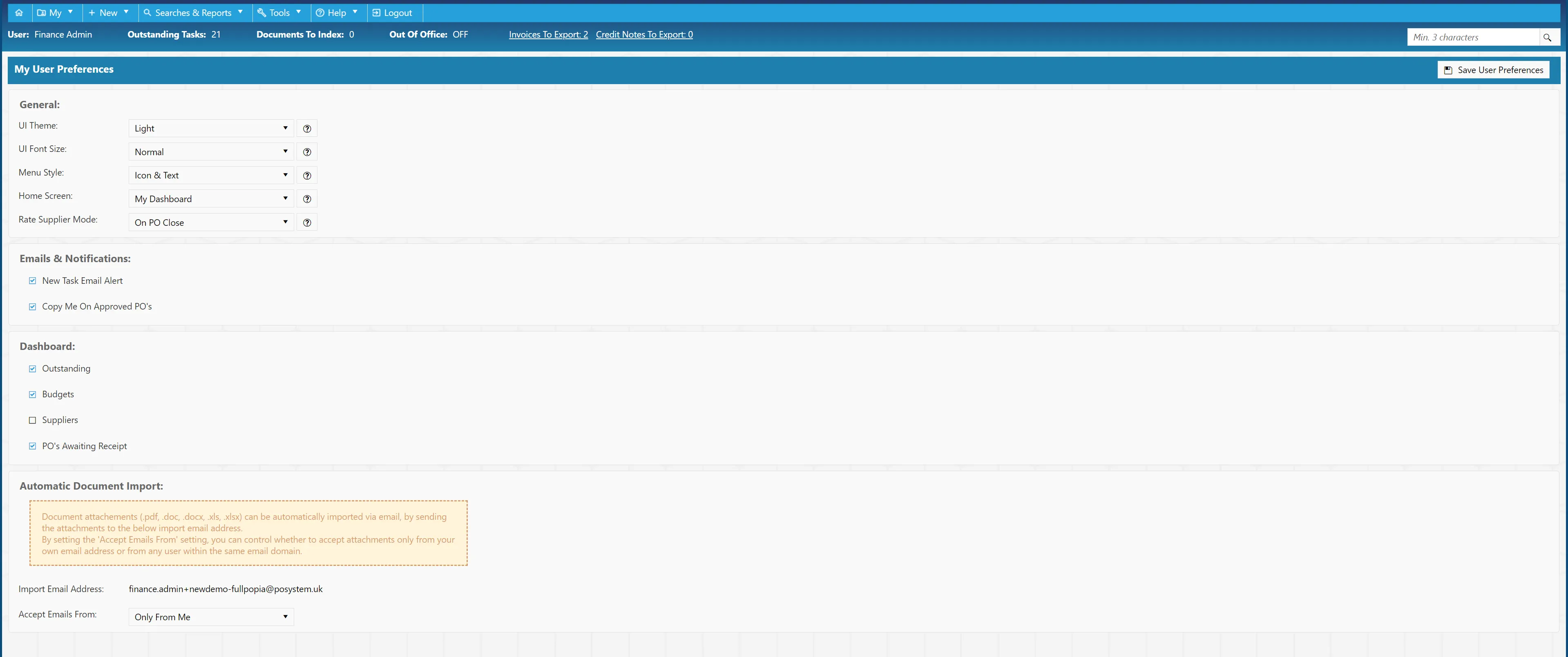 Preferences allow users to customise their experience within the purchase order system.