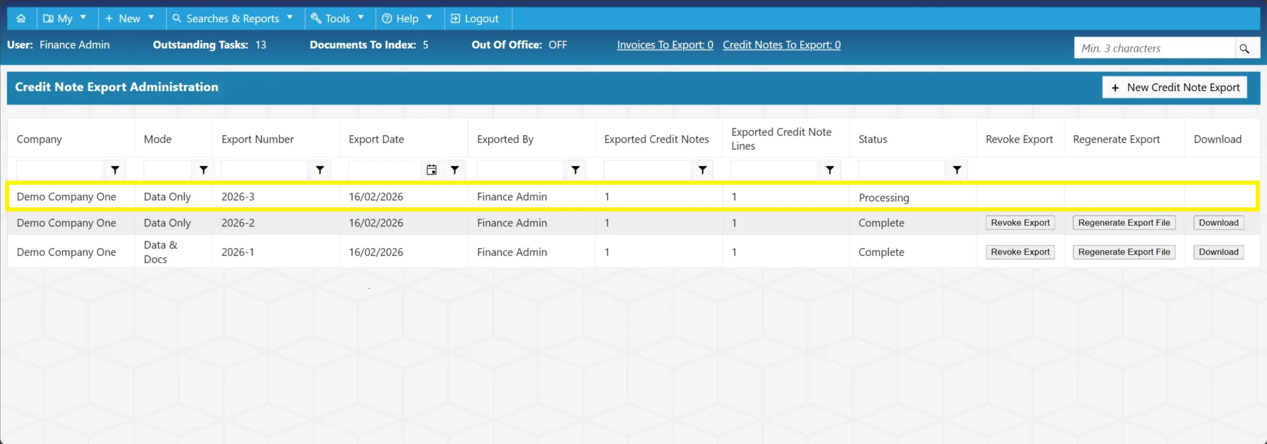 The grid will now include a new line with a status of processing.
