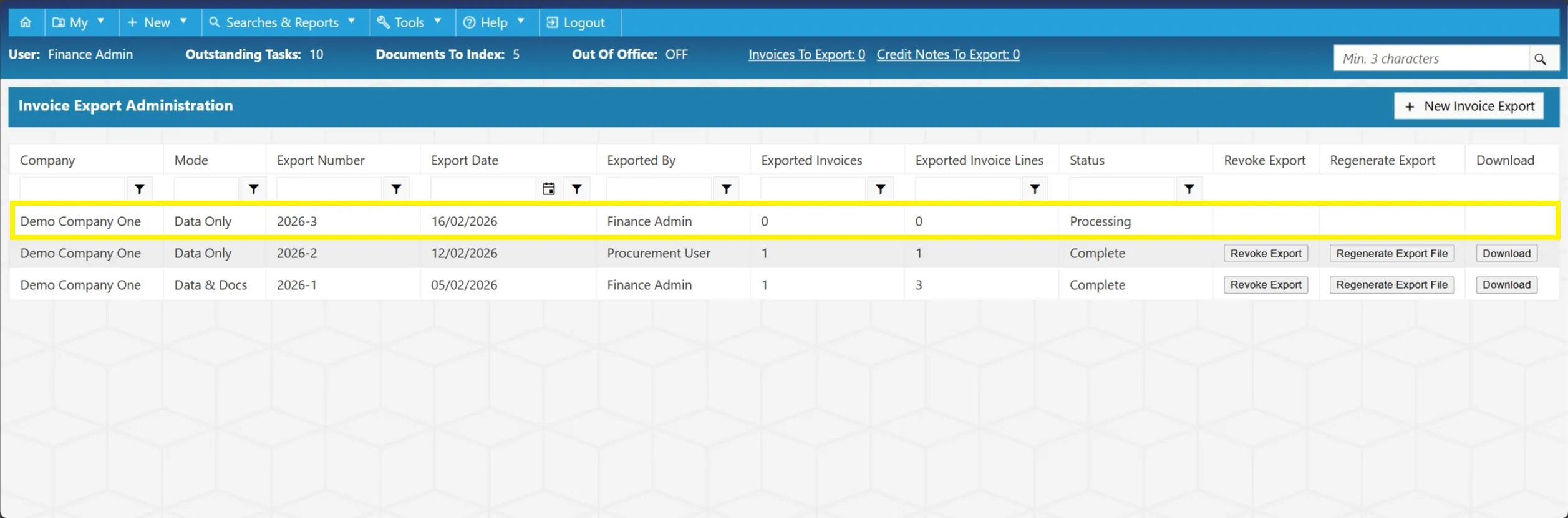 The grid will now include a new line with a status of processing.