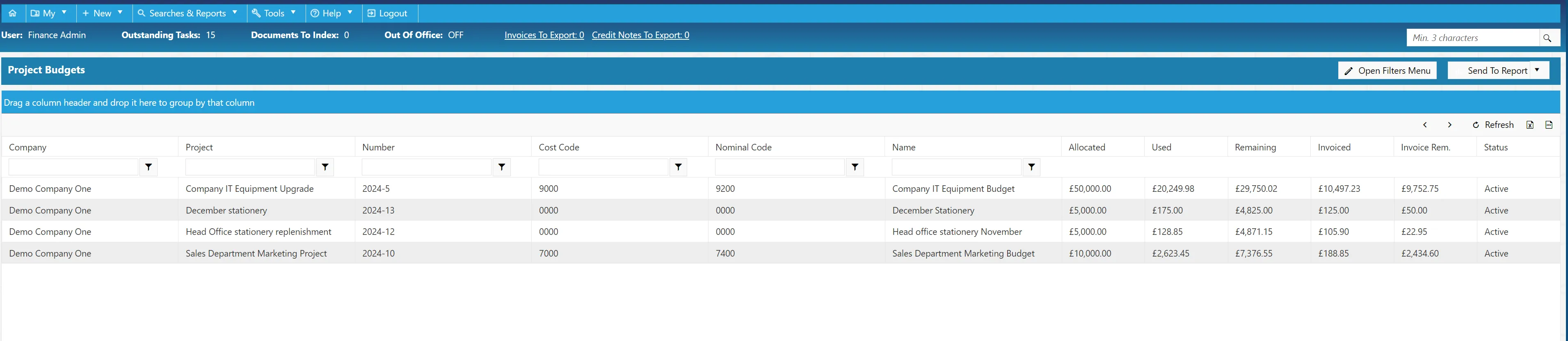Project level budgets are displayed in a grid with the data split into columns.