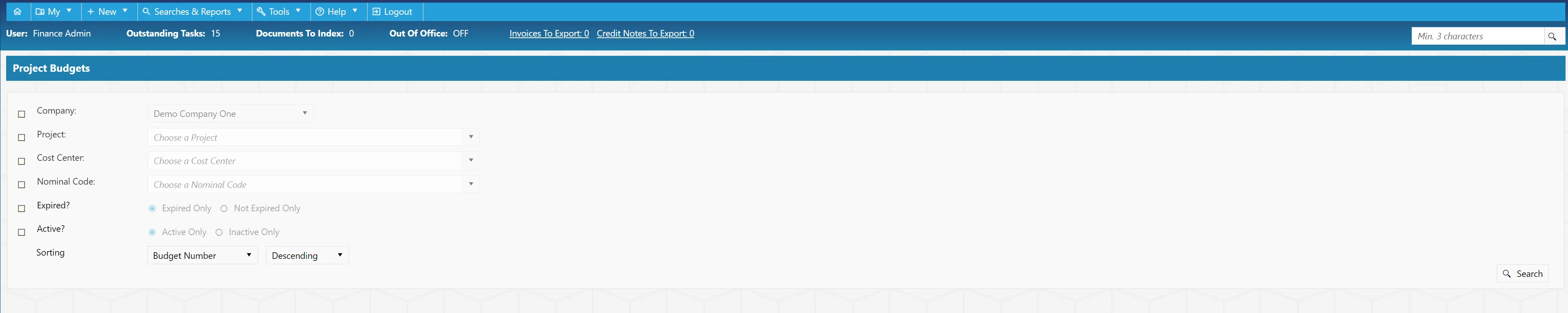 The project budgets search has several filters available, allowing for more precise search results.