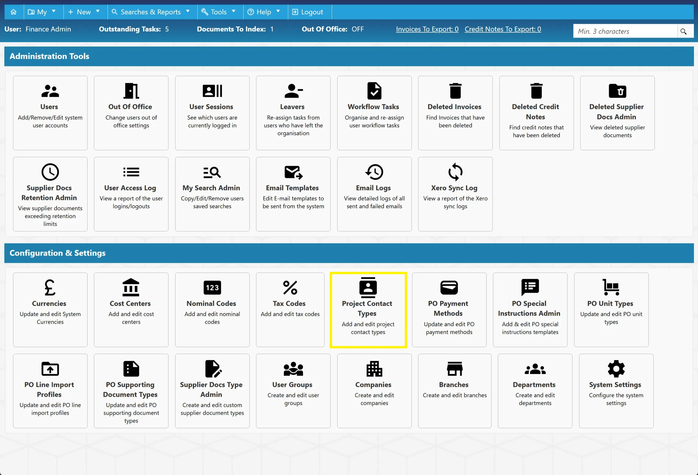 Admin users can edit existing project contact types or add new ones as required.