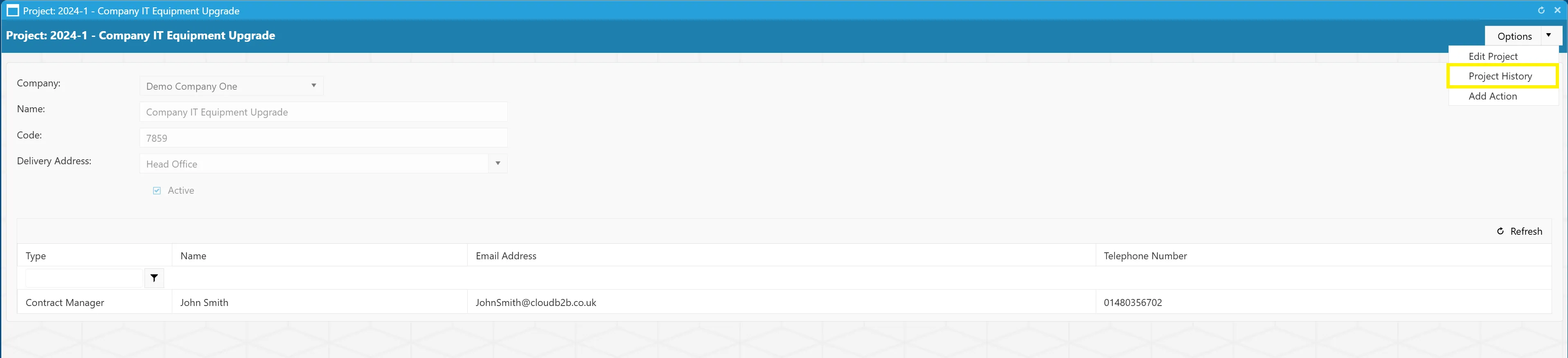 Select the Project History button from the Options drop down menu.